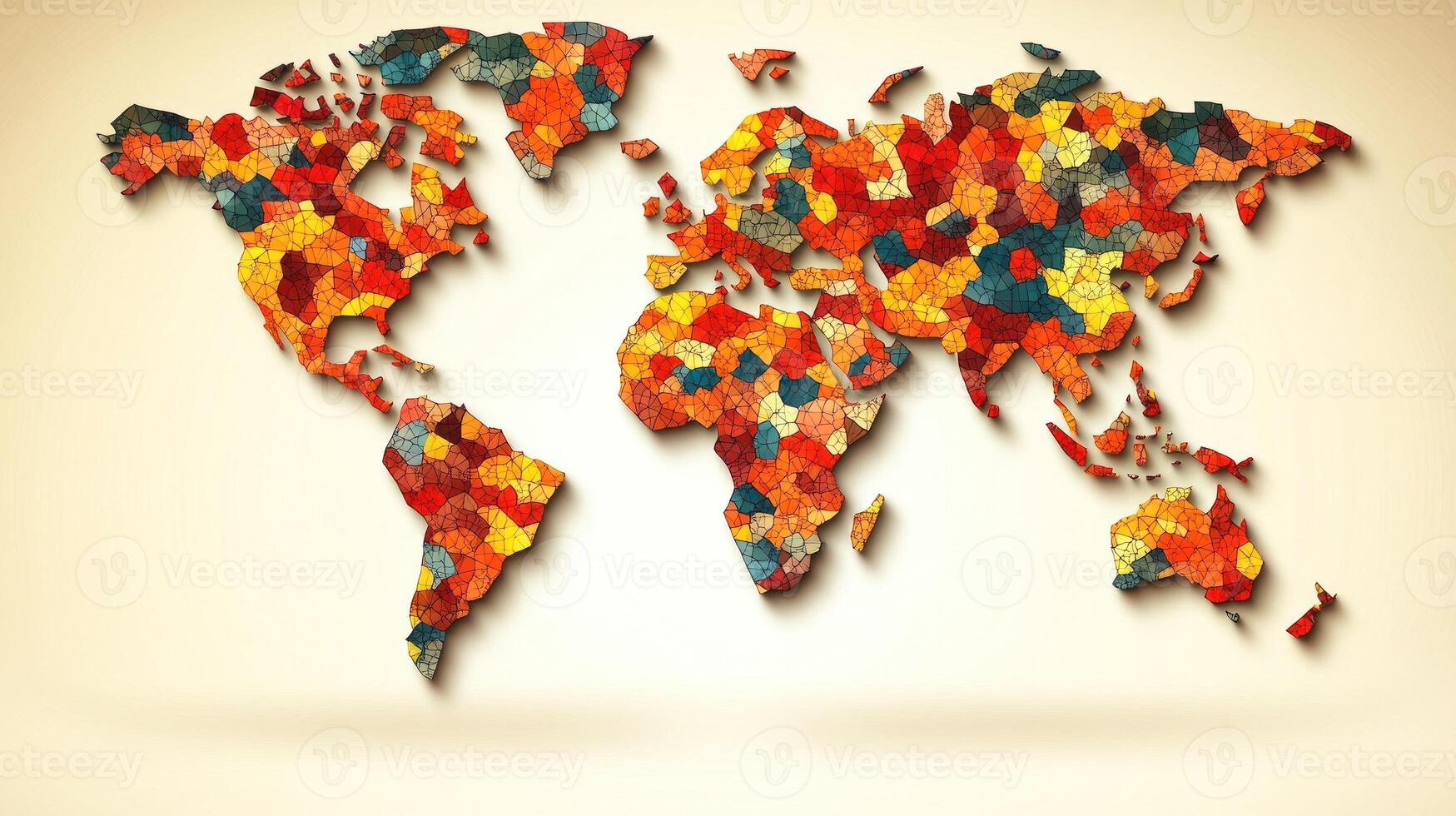A vibrant map showcases global diversity through colorful segments representing various regions and cultures photo