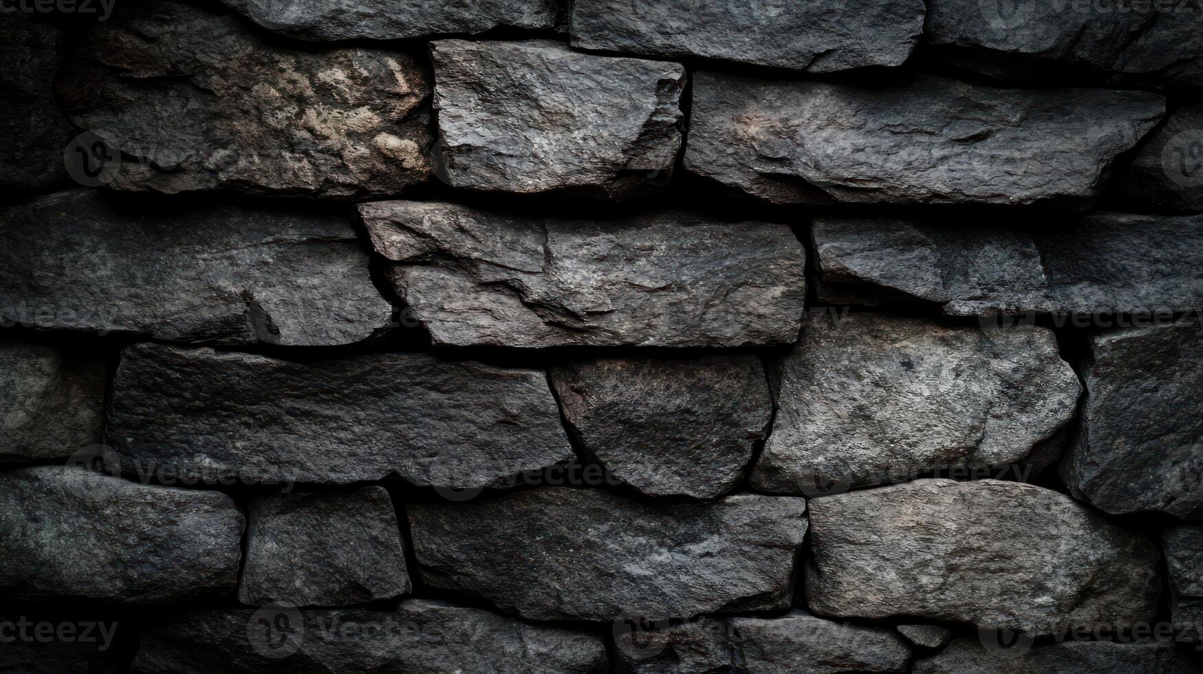 Close up of a dark stone wall showcasing various shapes and textures in a shadowy setting photo