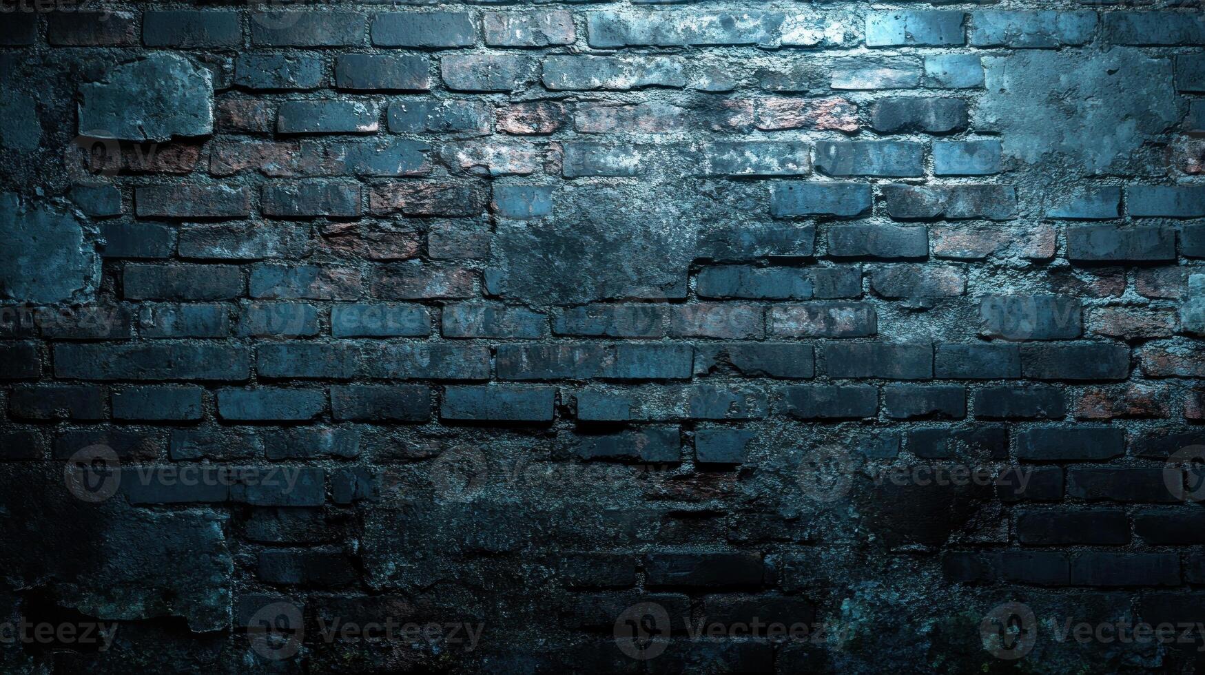 A weathered brick wall displays dark textures and blue tones, evoking an urban atmosphere photo