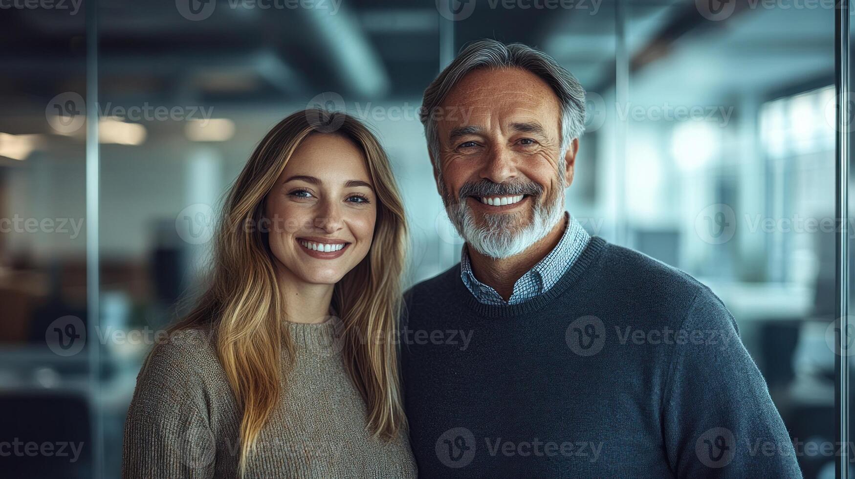 Two colleagues pose happily together in a contemporary office workspace under bright lighting photo