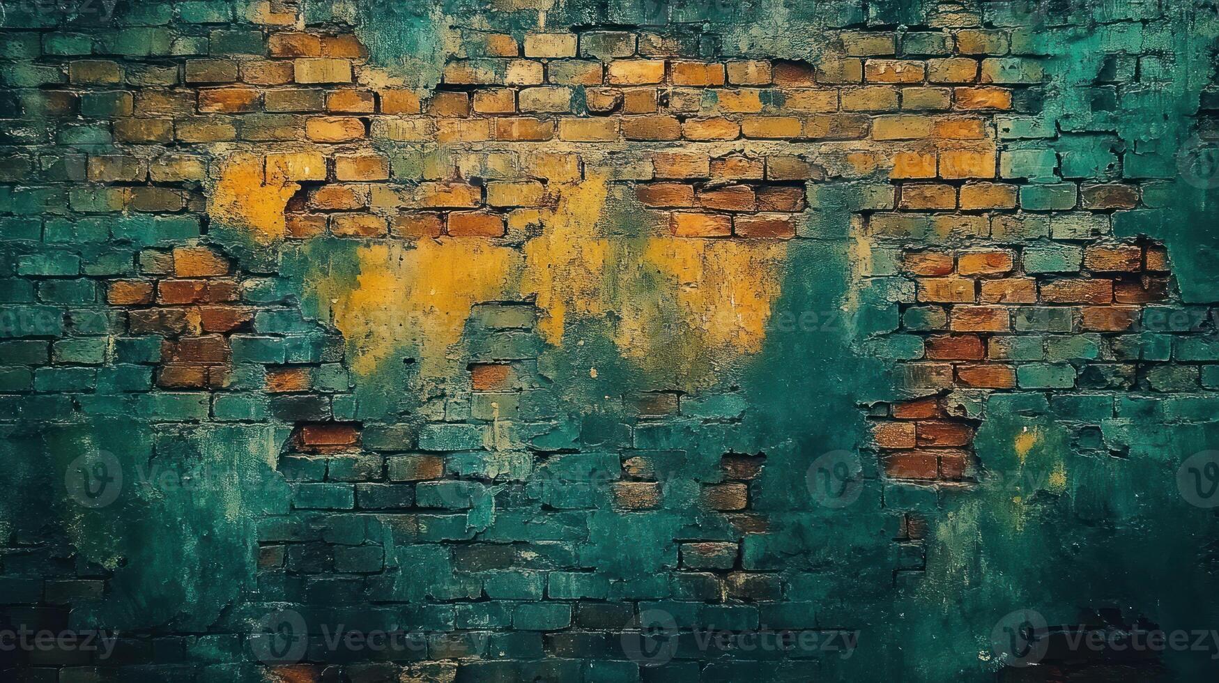 Weathered brick wall exhibits a mix of green and orange colors, showcasing its rustic texture and age photo