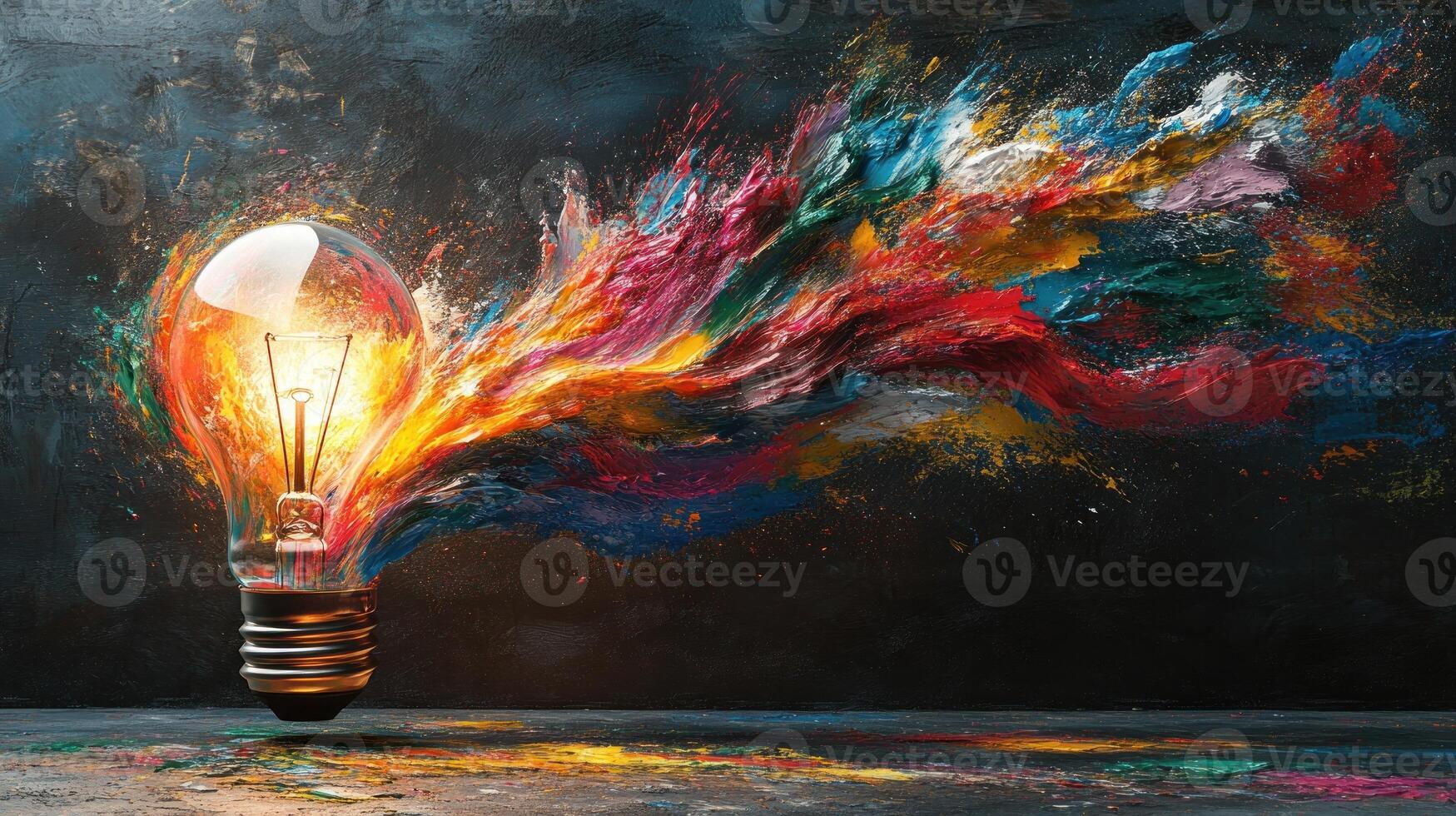 Bright colors burst from a light bulb, symbolizing creativity and imagination in a vivid display photo