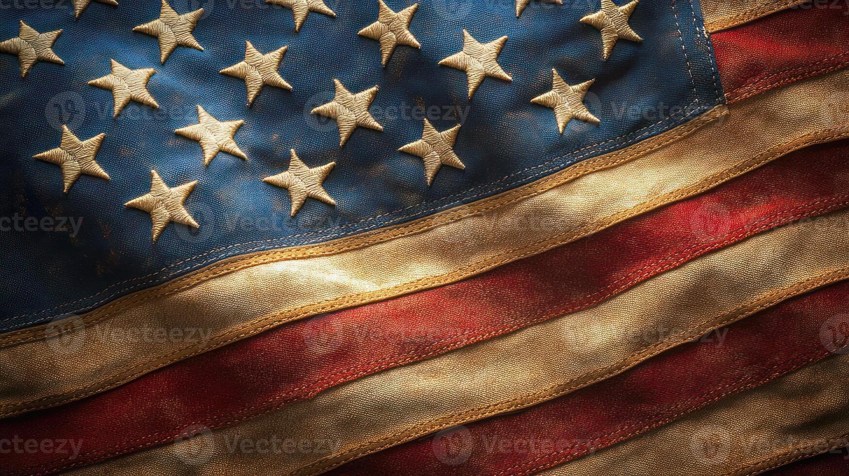 A close up view of the United States flag with detailed textures and colors, waving gently in the breeze photo