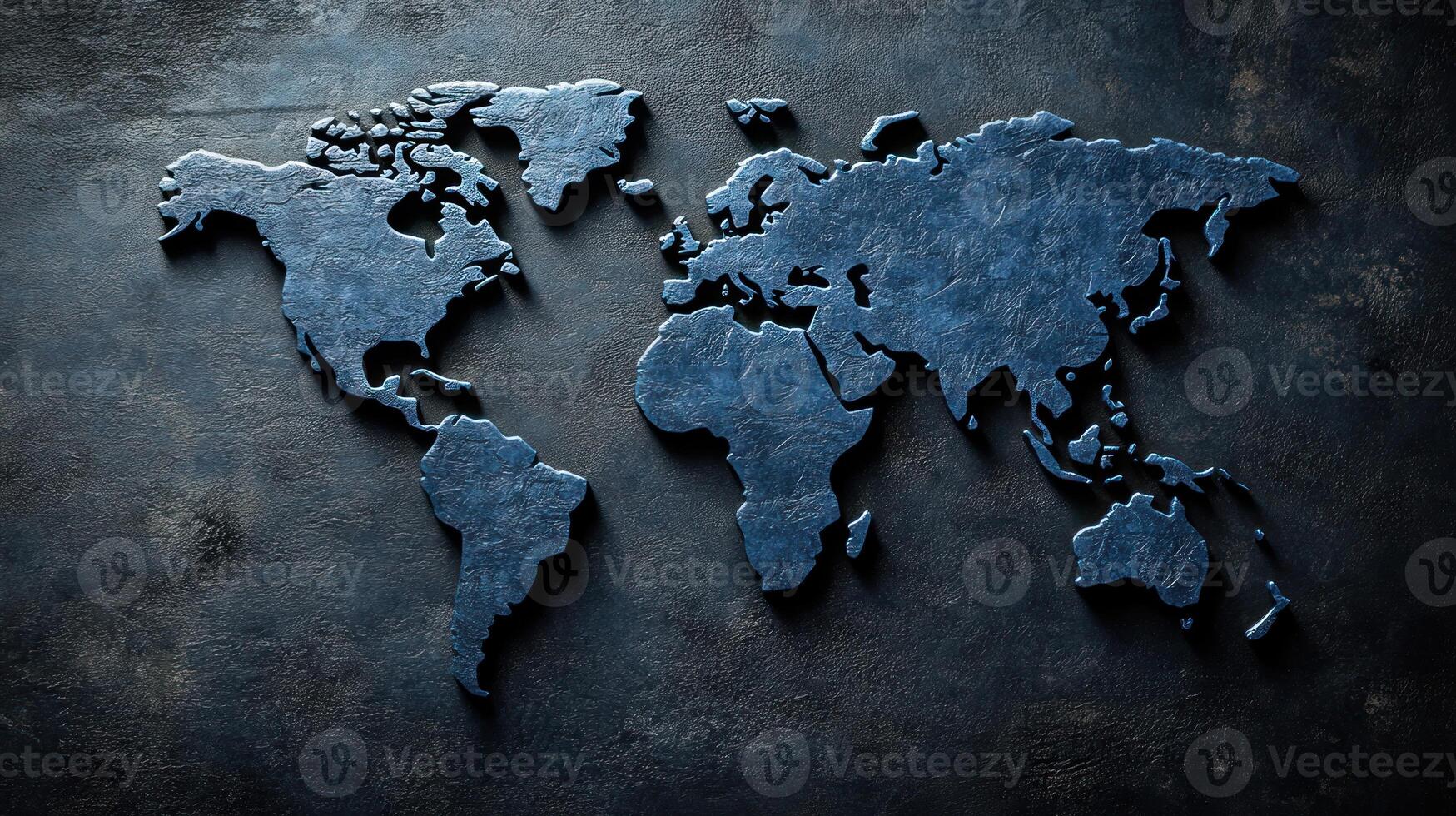 A world map is carved on a dark surface, highlighting countries and continents in a minimalist style photo
