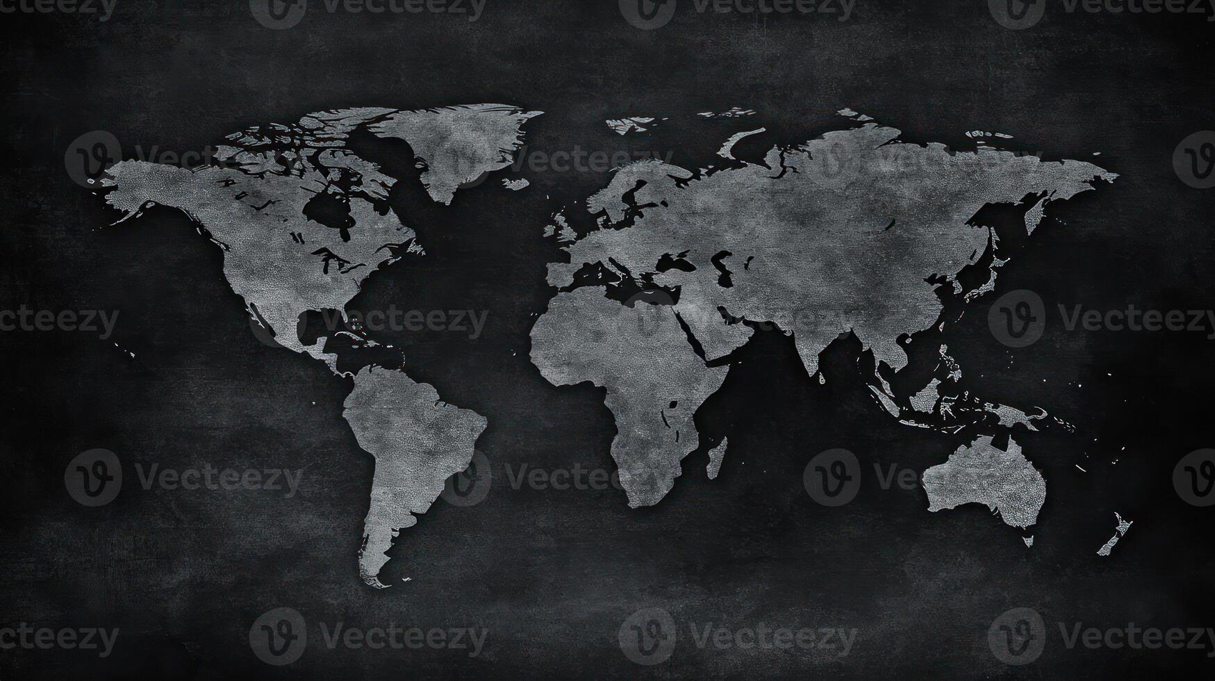 Detailed world map highlights continents and oceans on a dark textured backdrop, providing a visual reference photo
