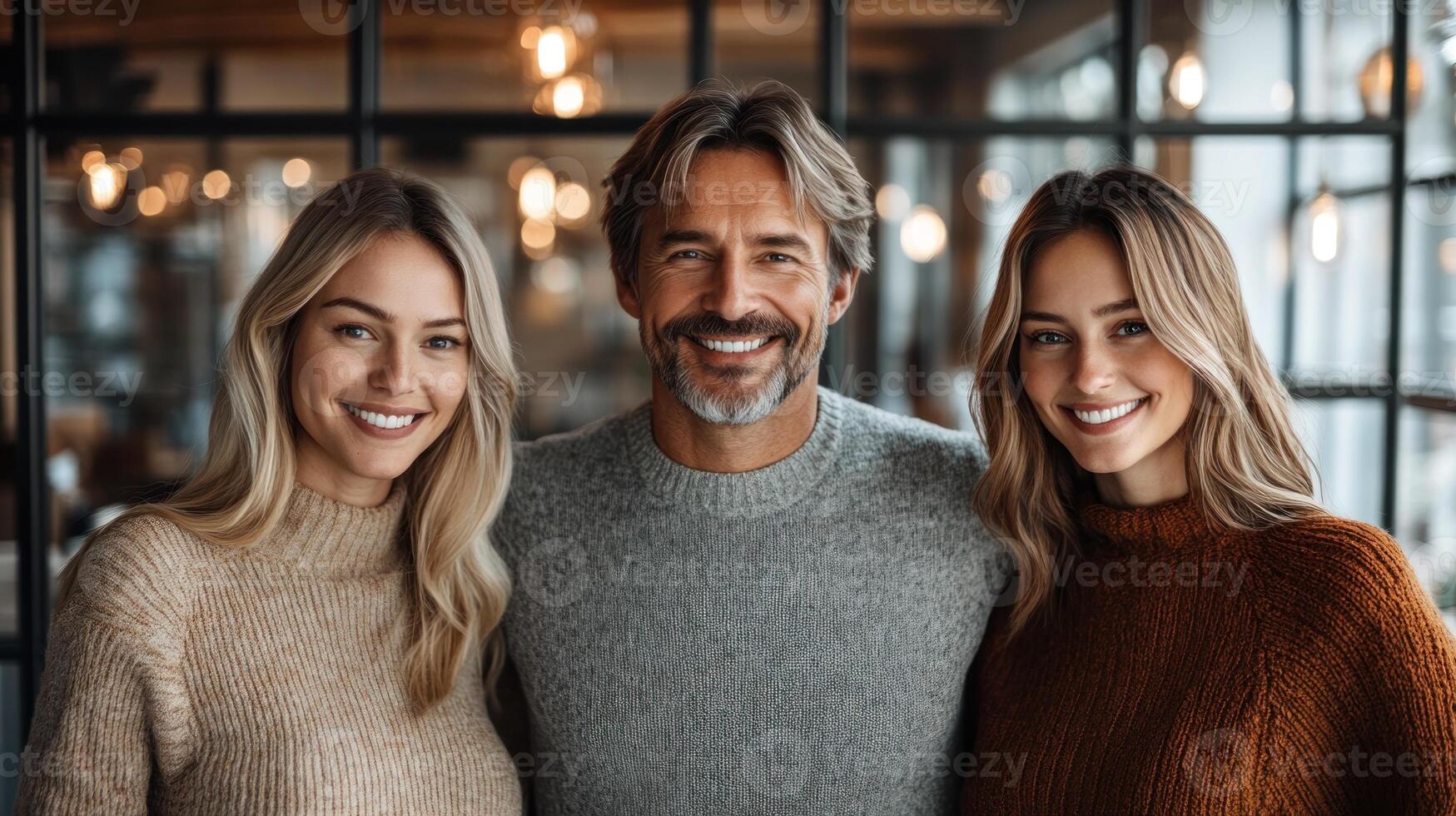 Three friends with joyful expressions wearing warm sweaters pose together in a relaxed indoor atmosphere photo