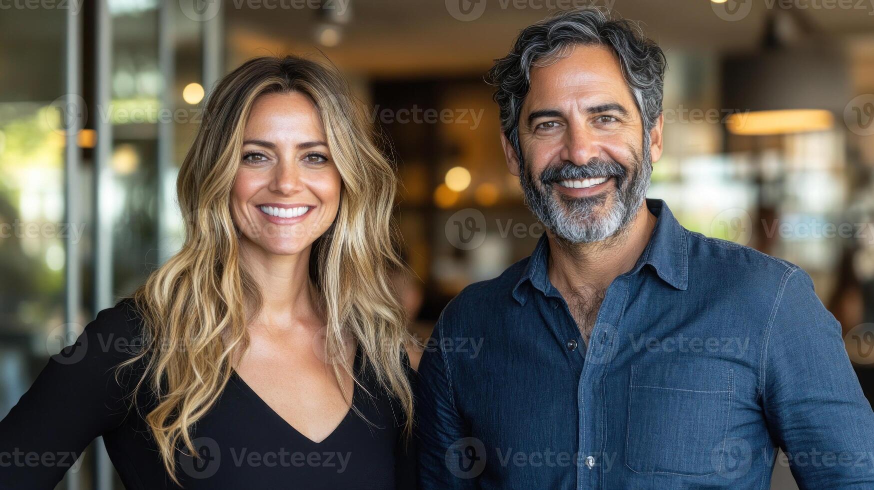 Two people stand together smiling warmly in a contemporary cafe setting, enjoying their time together photo