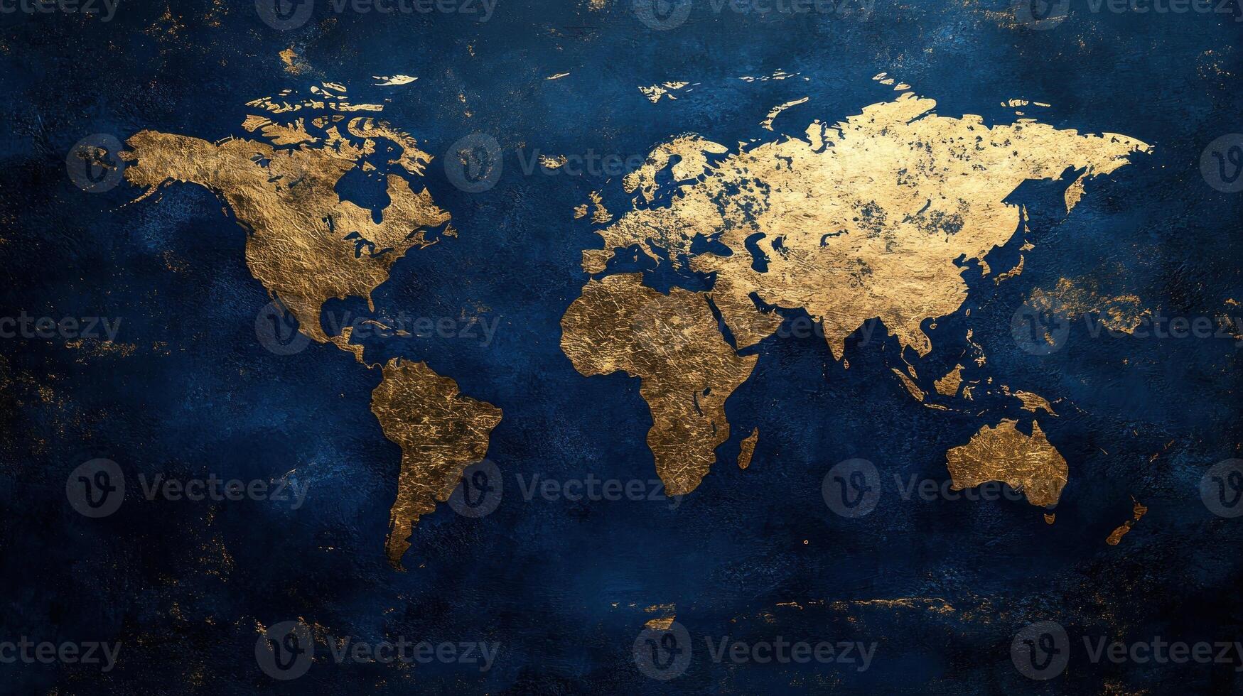 detallado ilustración de un mundo mapa con oro continentes en un profundo azul antecedentes foto