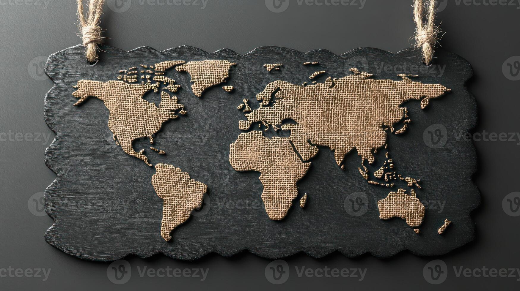 Burlap world map artwork hangs against a dark surface, ideal for adding character to any room photo