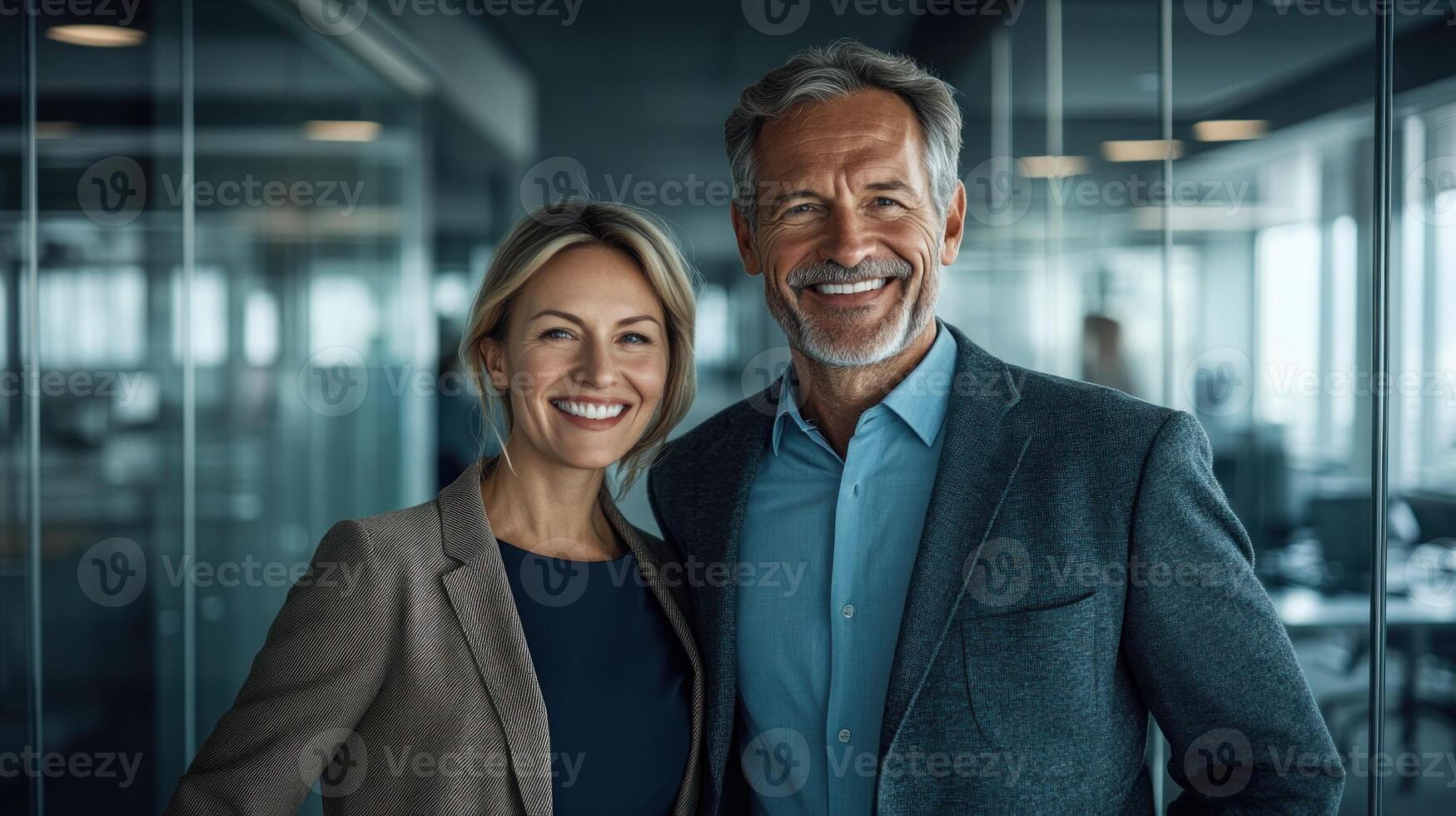 Two professionals stand together in a contemporary office, smiling confidently after a productive session photo
