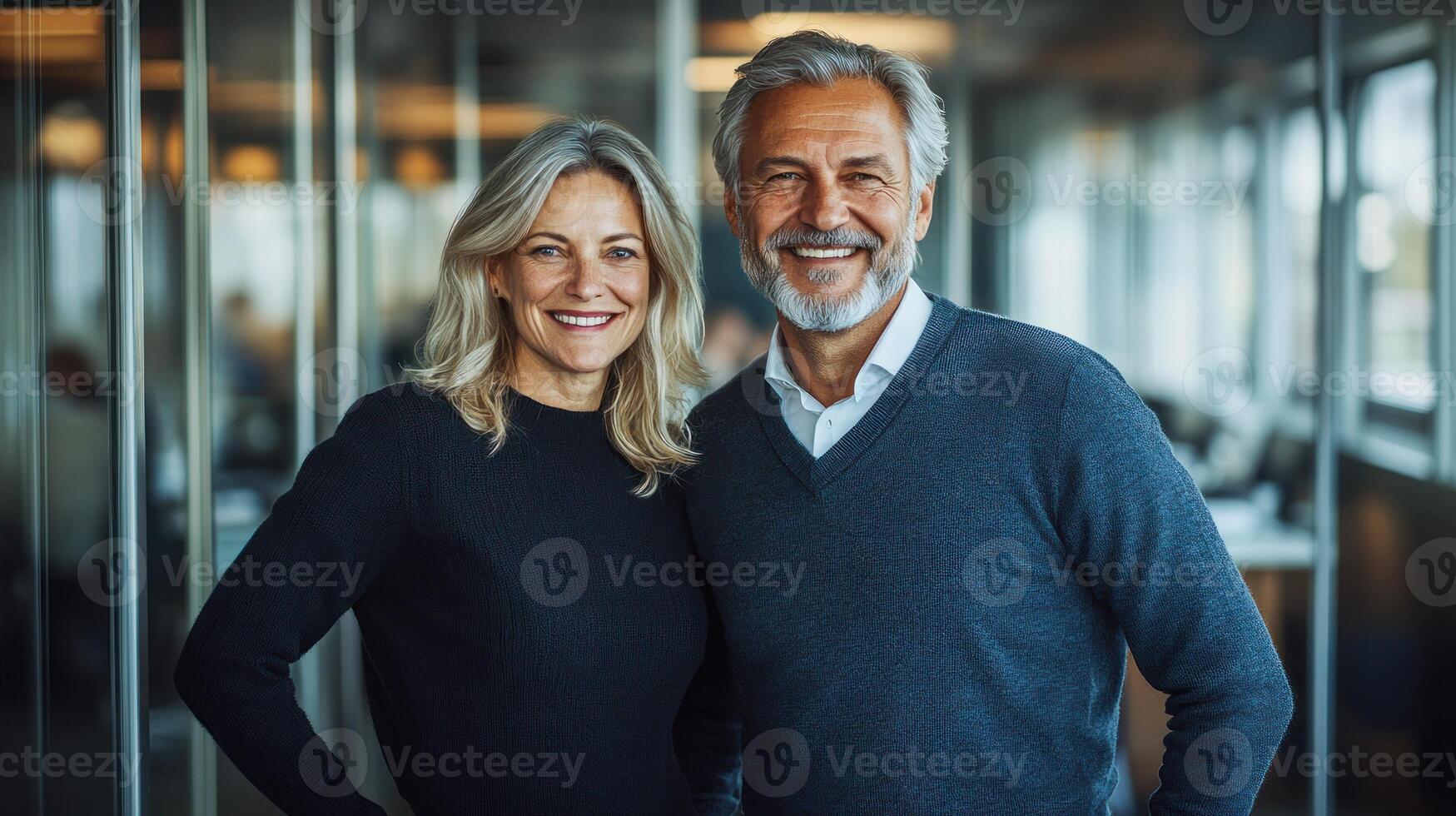 Two professionals stand together smiling in a well lit office space, exuding confidence and teamwork photo