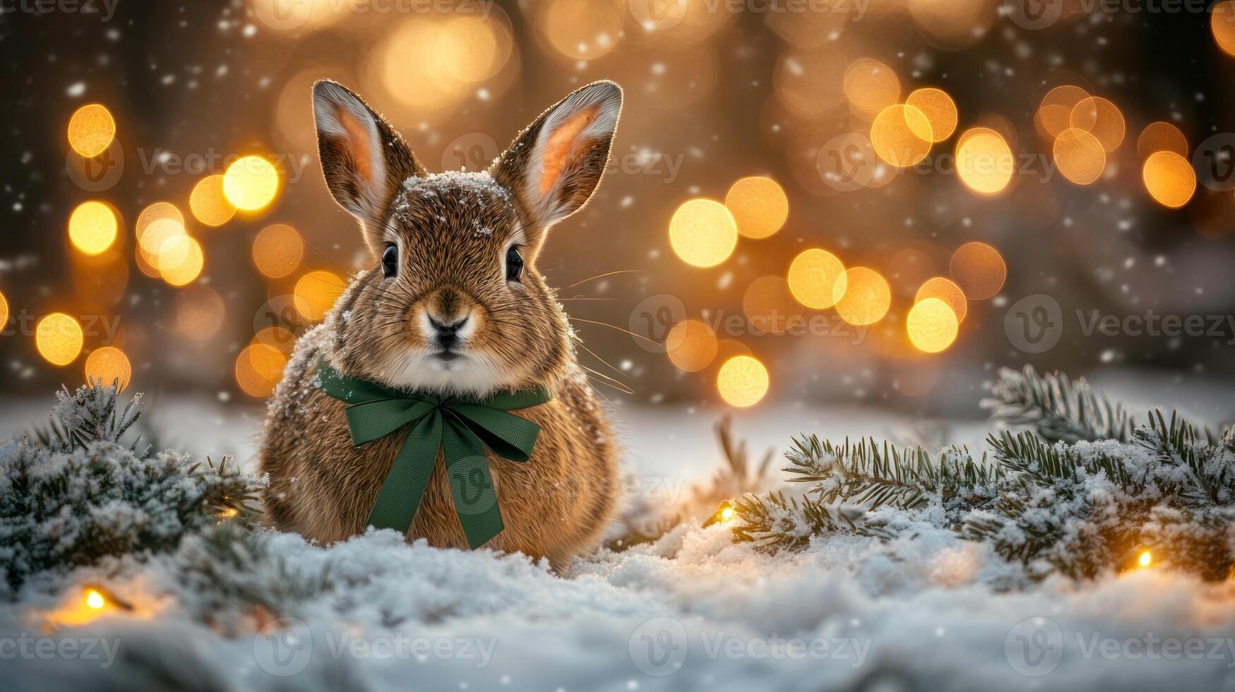 A rabbit sits quietly in the snow, adorned with a green bow, as snowflakes fall and lights sparkle nearby photo