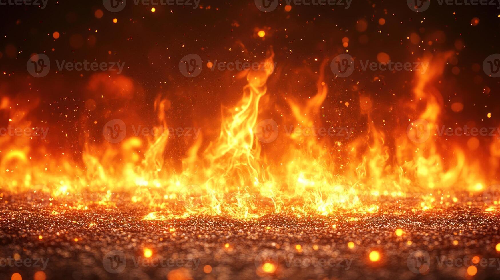 Bright flames flicker intensely, illuminating the dark surroundings with warm, glowing light photo