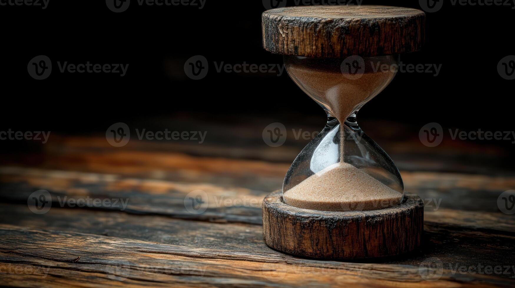 An hourglass rests on a textured wood surface, emphasizing the beauty of time flowing steadily photo