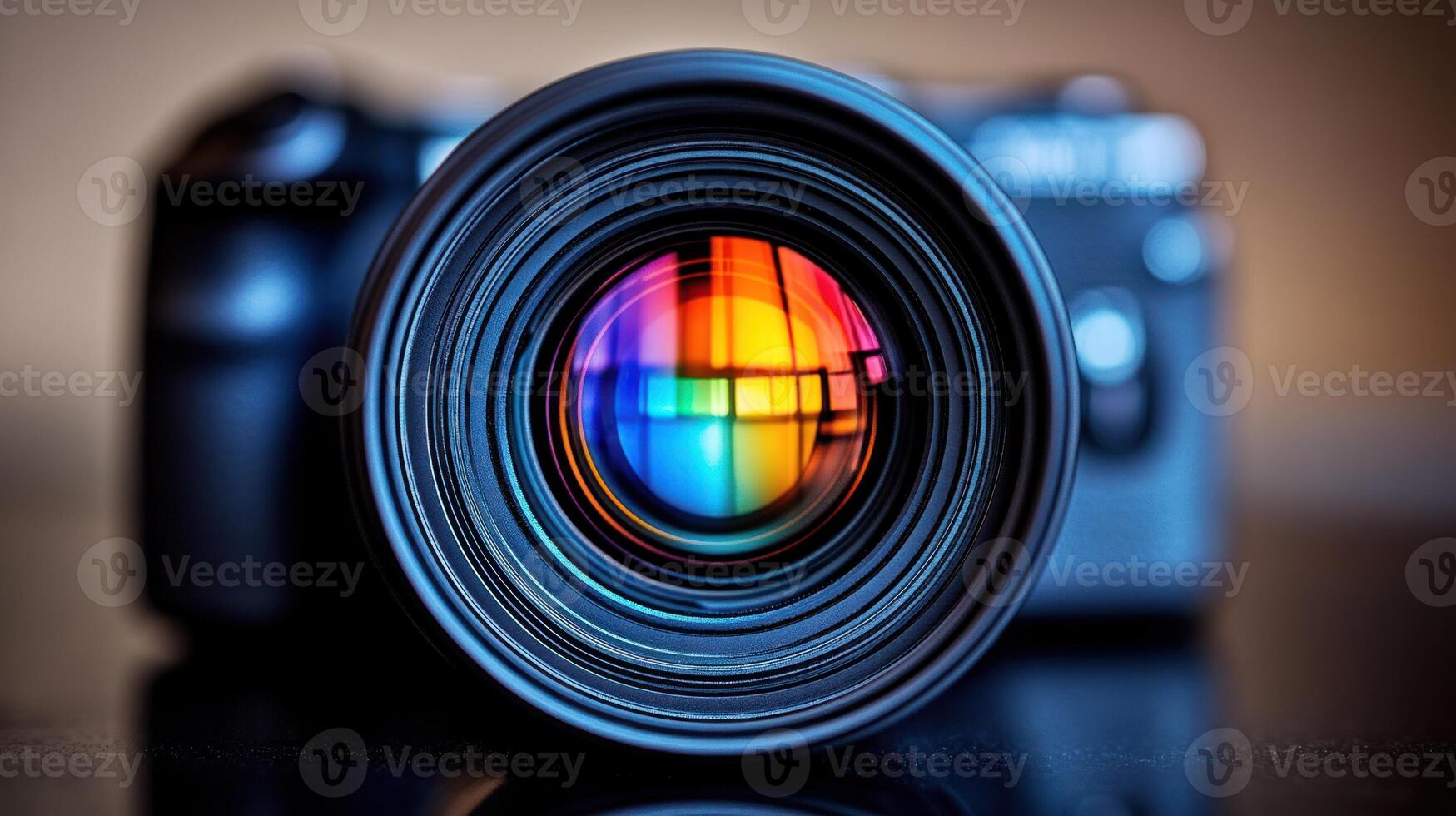 Close up of a camera lens showcasing vivid colors in its reflection against a soft background photo