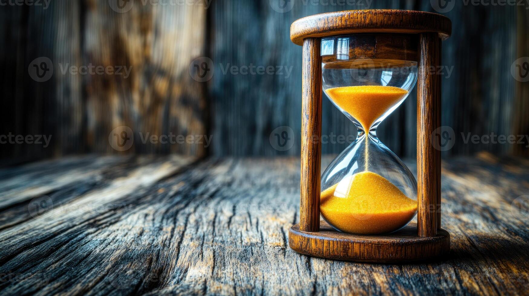 An hourglass rests on a textured wooden table, symbolizing the flow of time with yellow sand photo