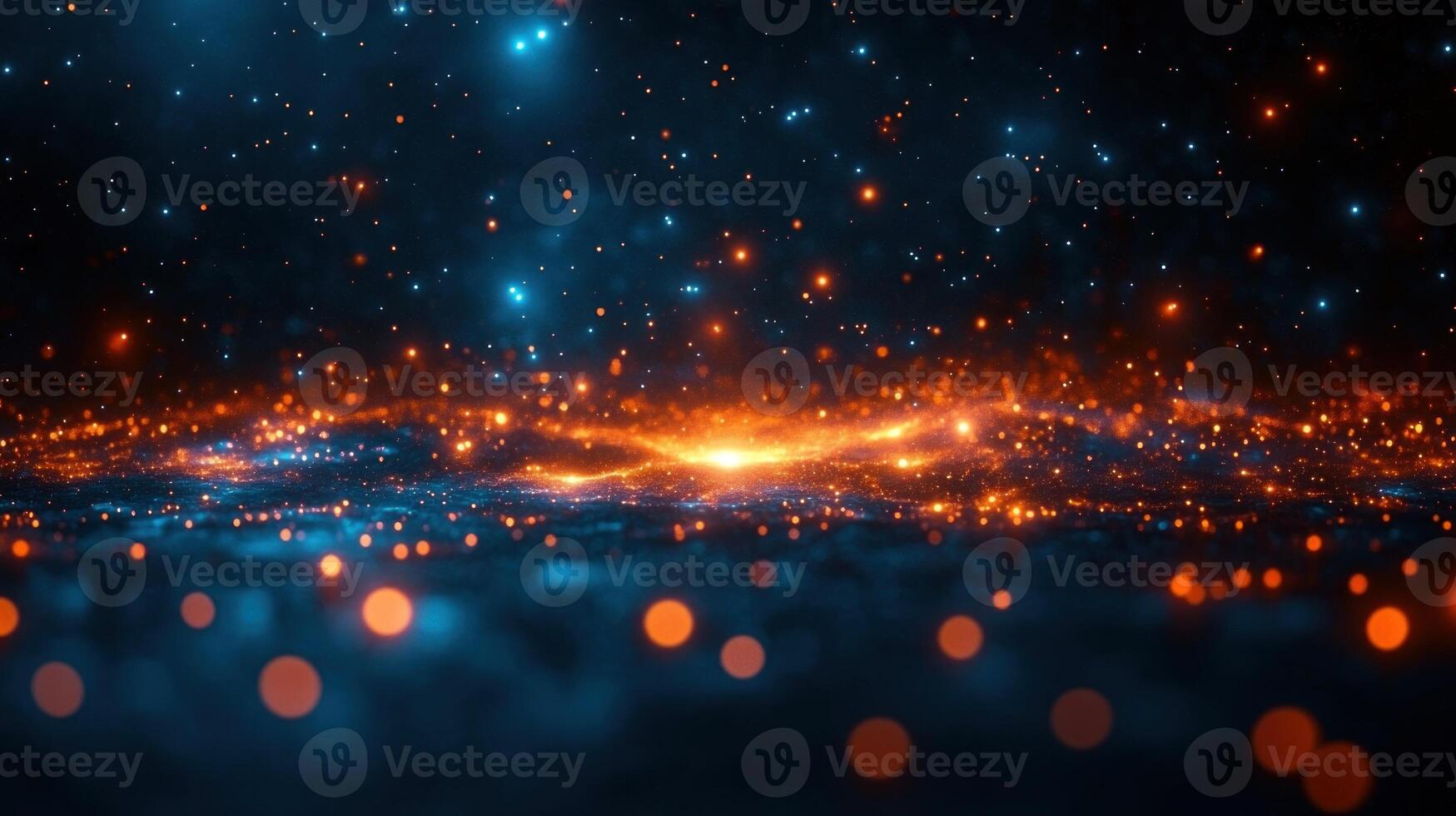 A cosmic scene with glowing orange and blue lights amidst dark space creates a magical effect photo