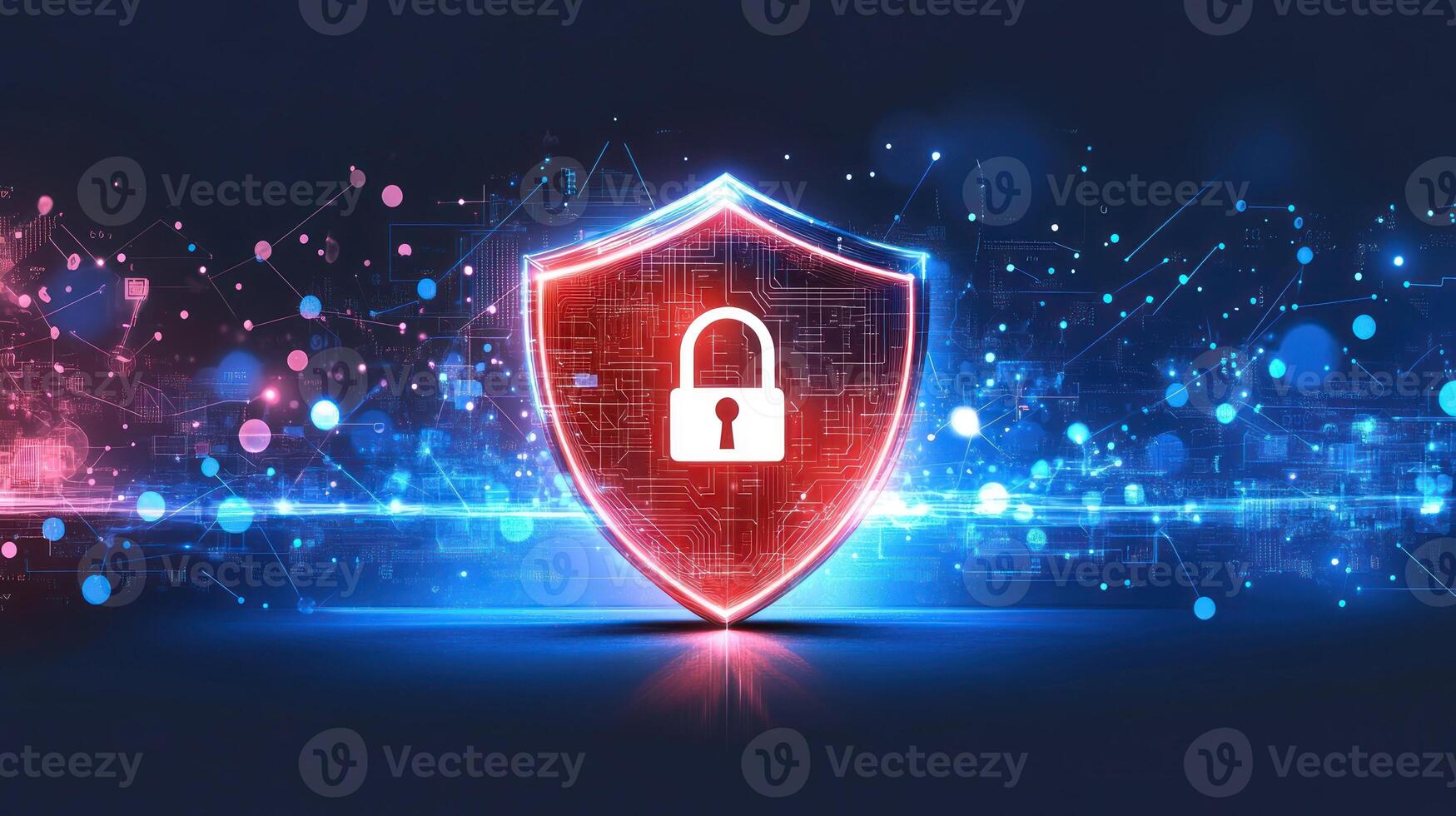 A digital shield represents cybersecurity, surrounded by colorful abstract technology elements photo