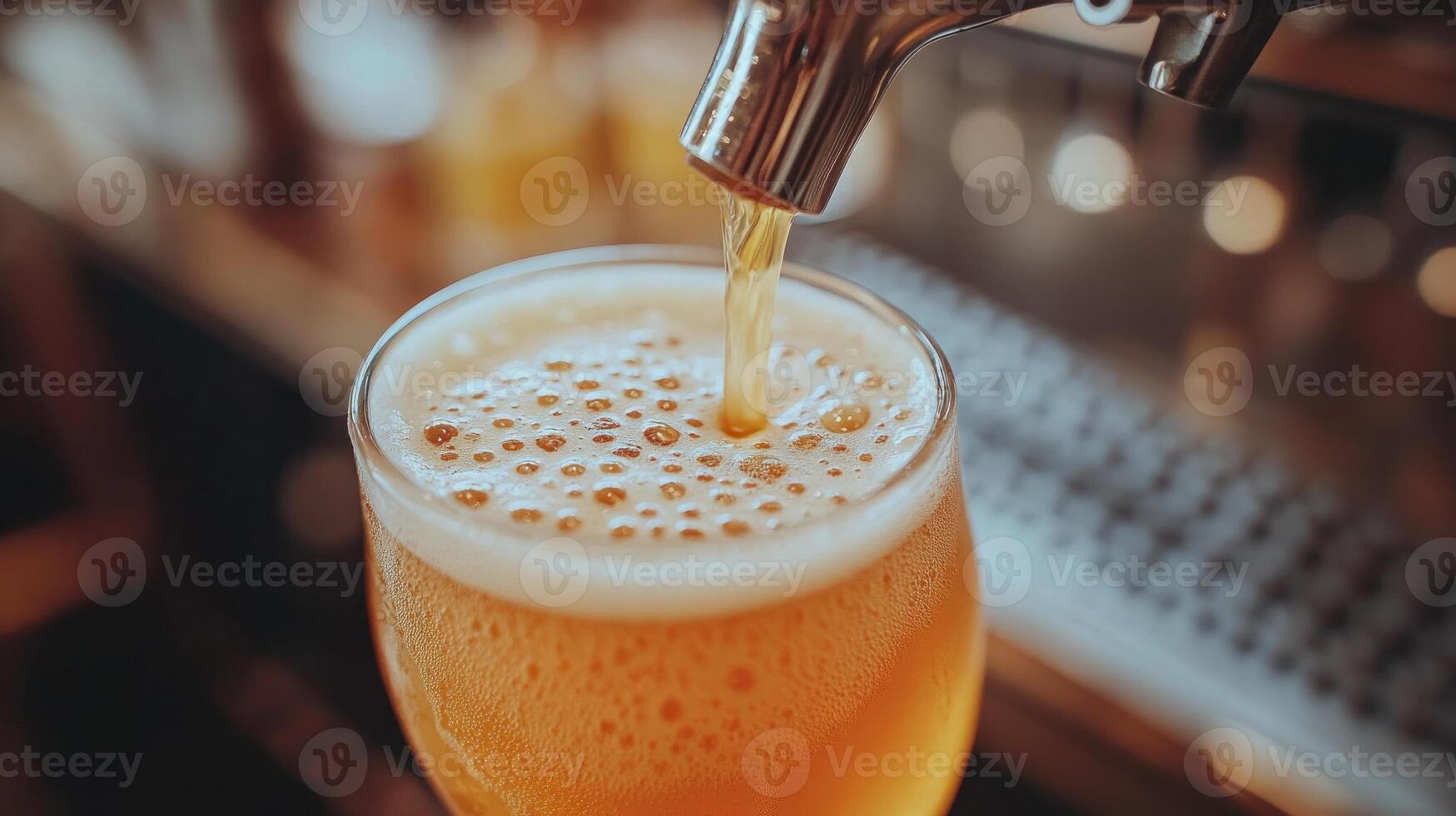 A bartender expertly pours a golden beer into a glass, creating a frothy head, amidst a lively atmosphere photo
