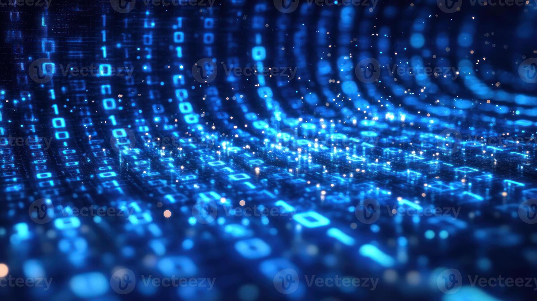 Abstract visualization showcases flowing digital data represented by glowing binary code elements photo