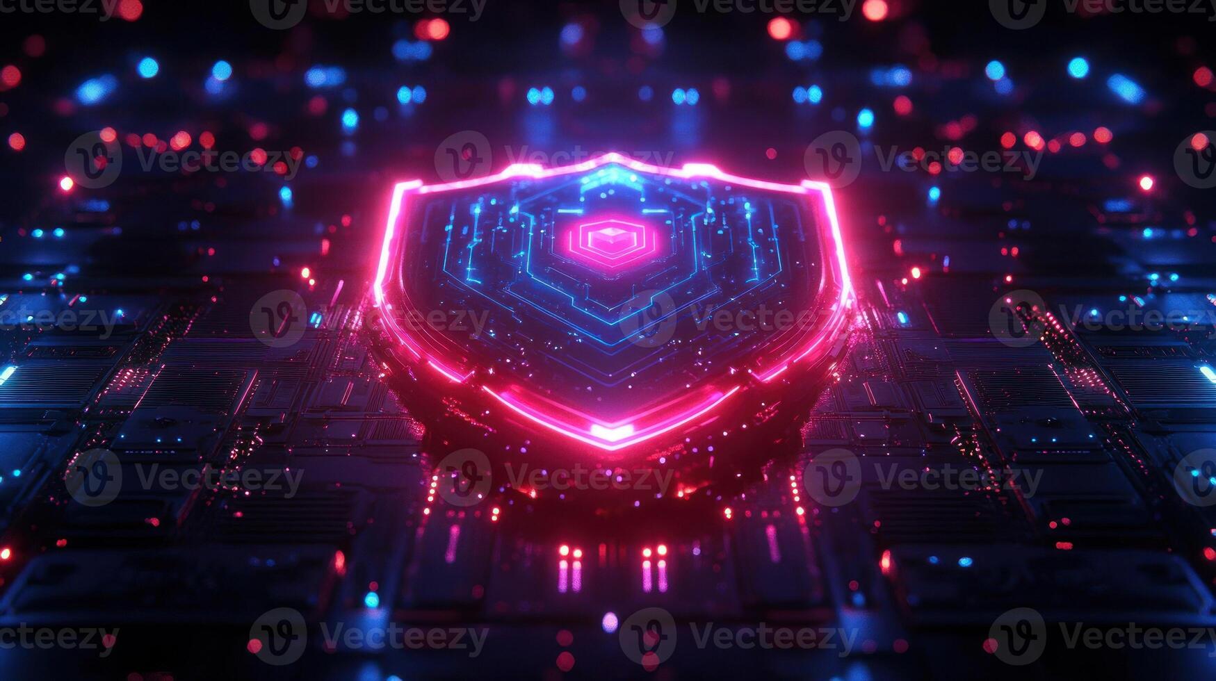 Colorful shield symbol surrounded by vibrant lights and high tech patterns in a digital space photo