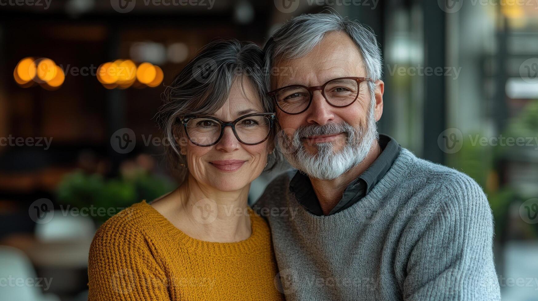 A happy couple smiles together in a warm, inviting environment filled with soft lighting and greenery photo