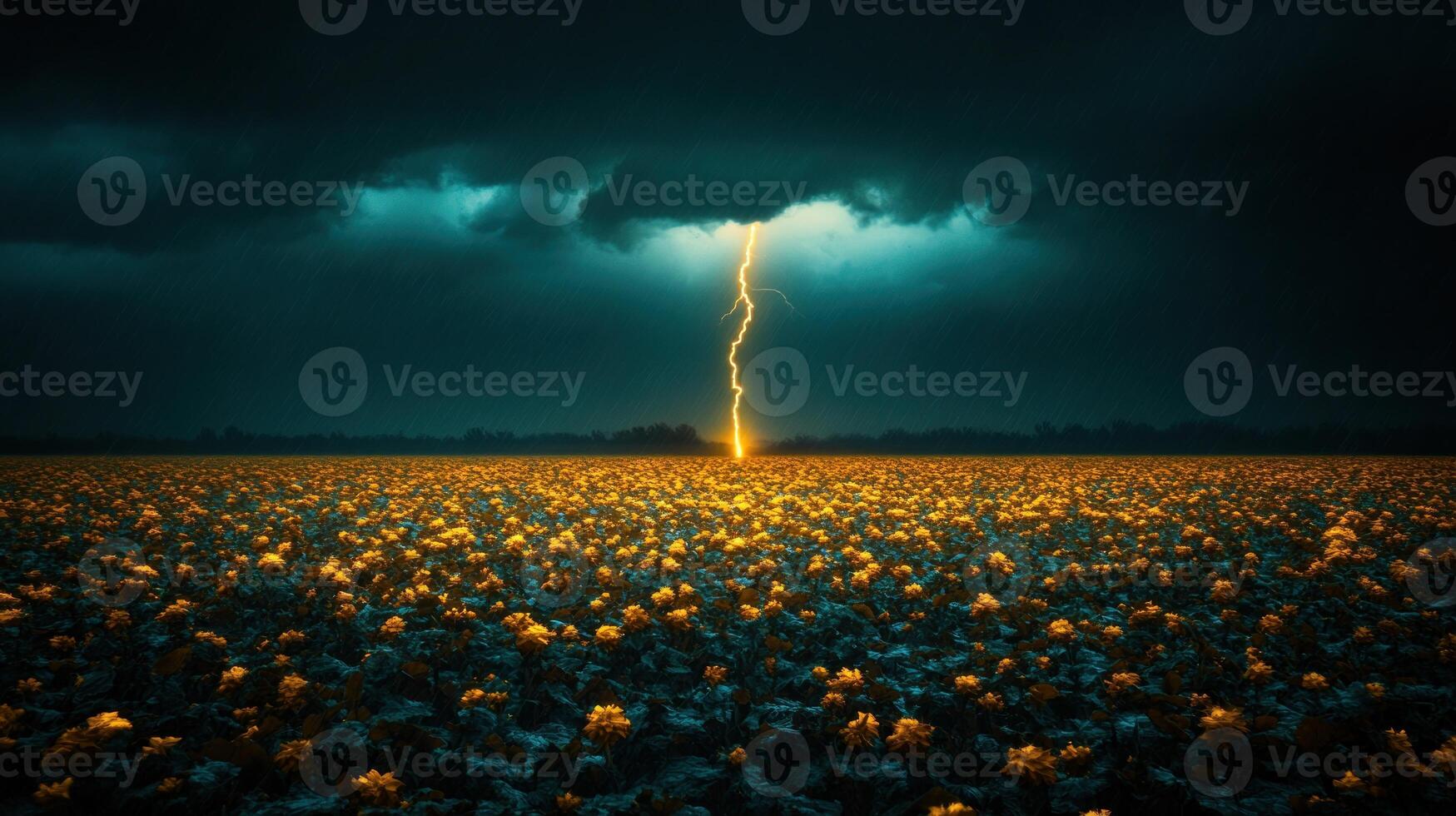 Lightning illuminates a colorful flower field as dark storm clouds gather above, creating a striking contrast photo