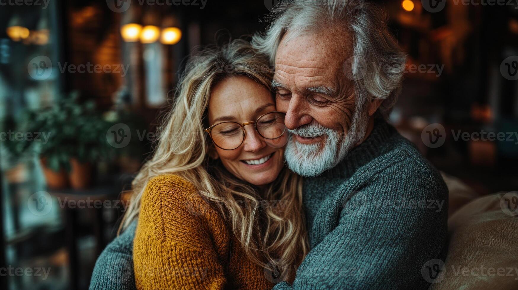 Couple enjoys a heartfelt moment together, embracing warmly in a charming cafe atmosphere photo