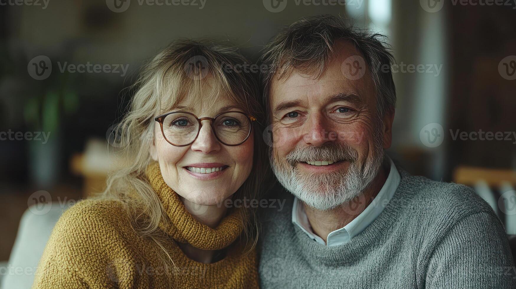 Couple smiles warmly while embracing in a comfortable living space with cozy decor elements photo