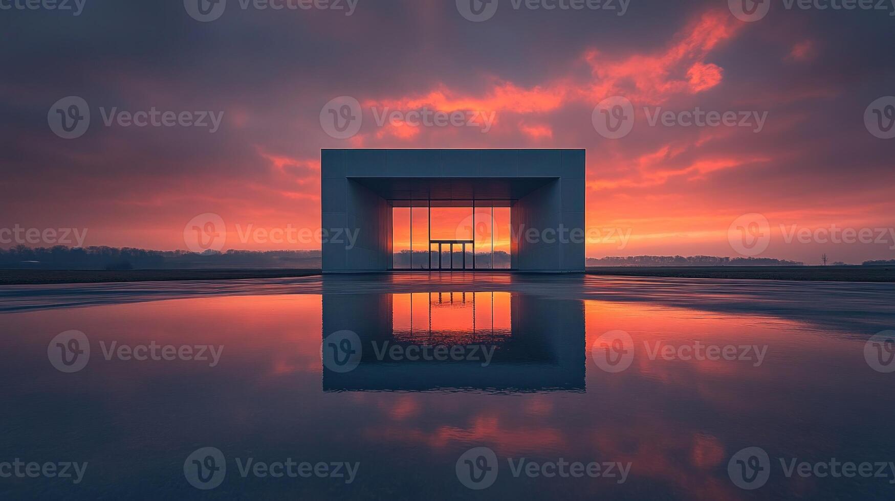 A stunning sunset casts vibrant colors on modern architecture, beautifully mirrored in the still water below photo