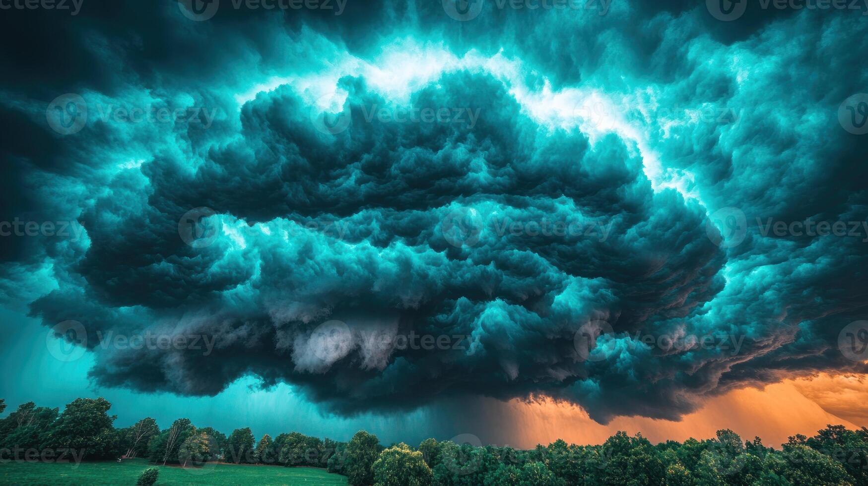 A stunning display of dark thunderstorm clouds contrasts with a vibrant sunset over green trees photo