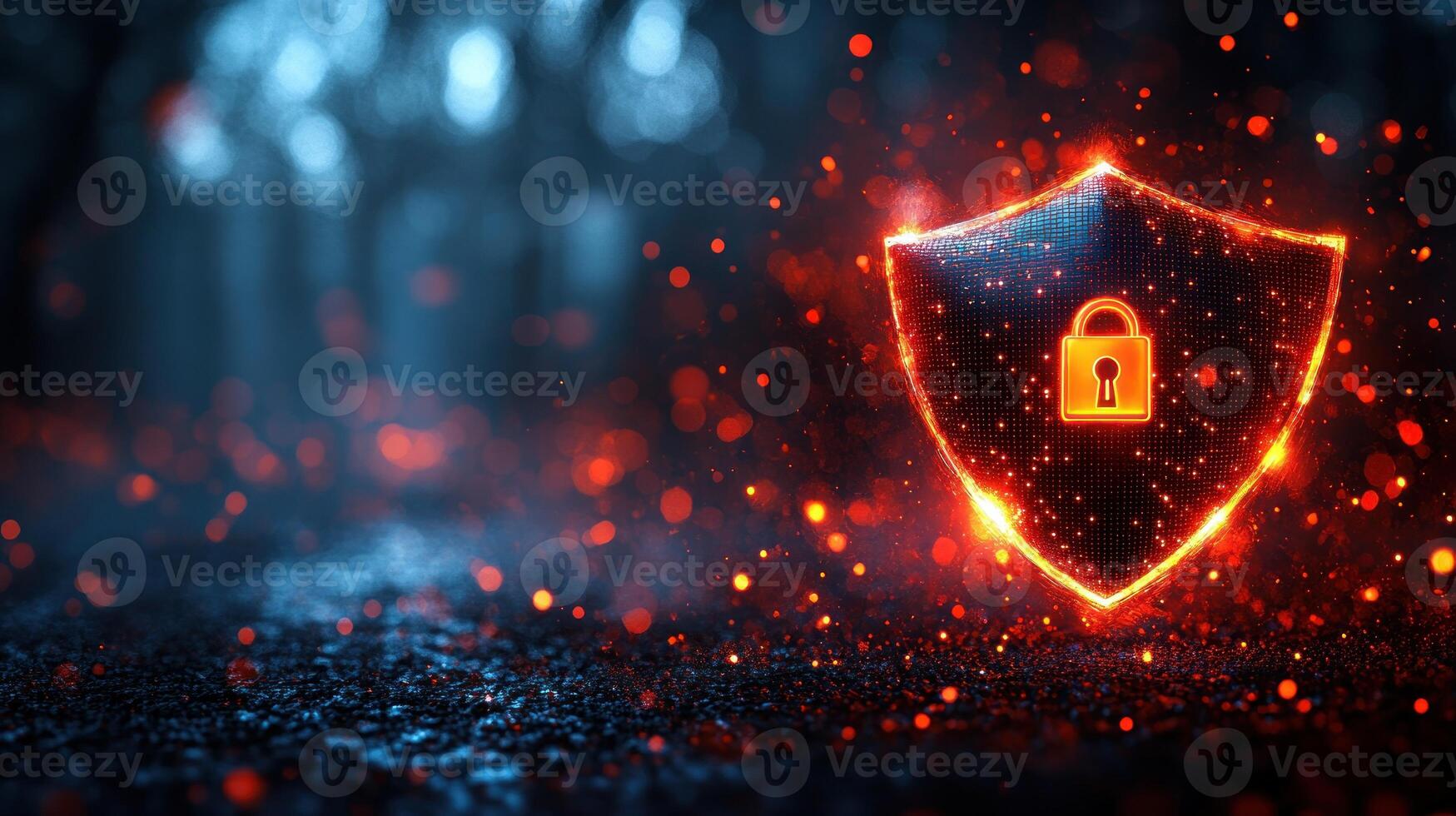 A vibrant shield with a lock icon represents digital security amidst a dark background and bright sparks photo