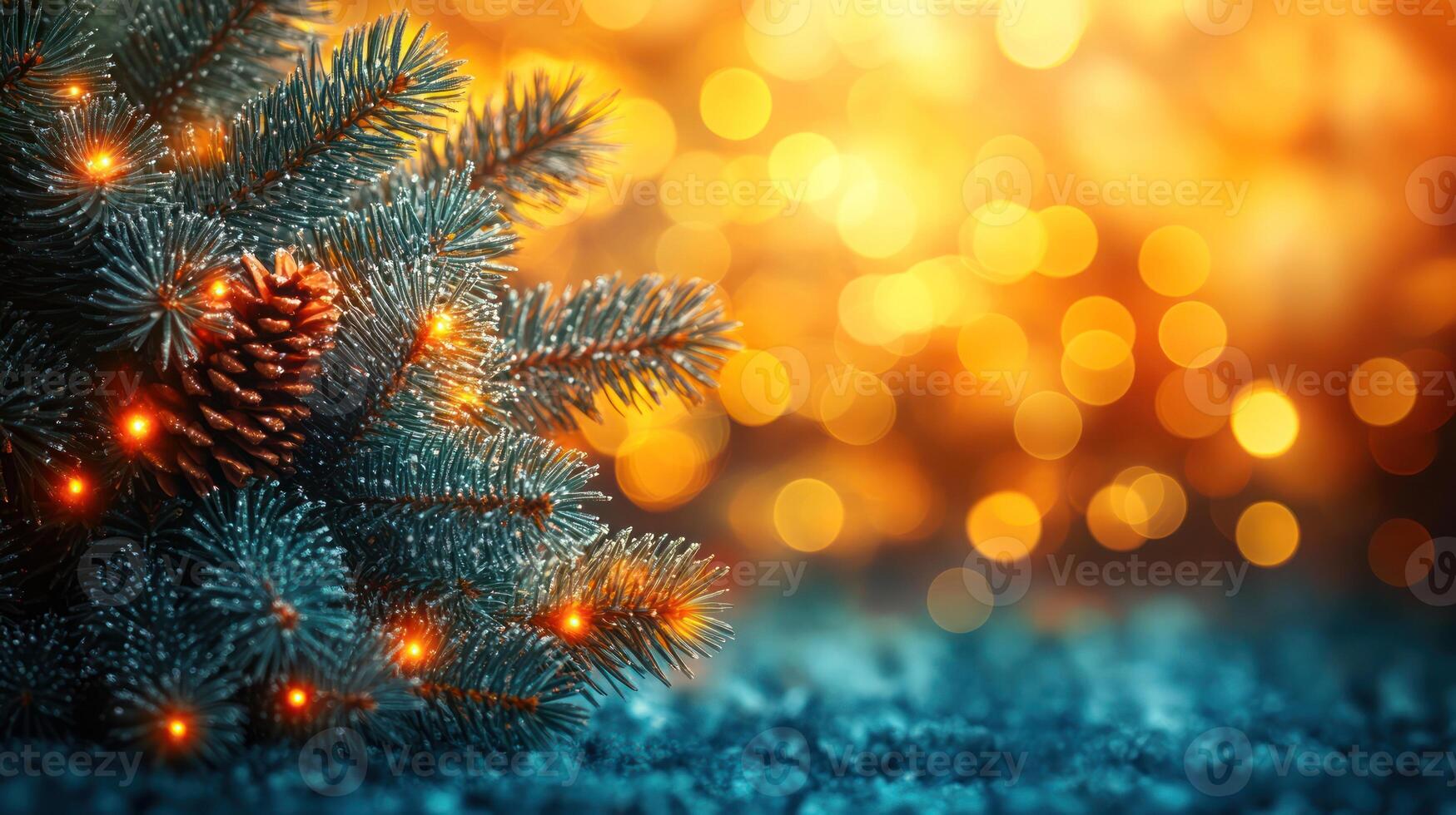 Soft lights and pine cones on tree branches create a cozy holiday spirit at night photo