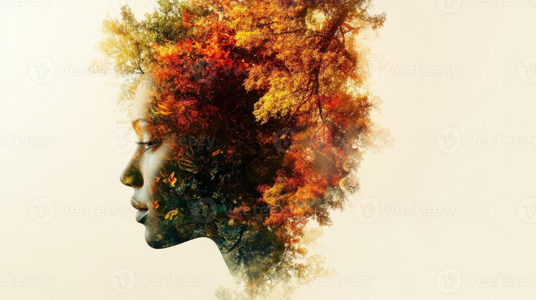 A womans silhouette merges with colorful autumn leaves, creating a striking connection to natures beauty photo