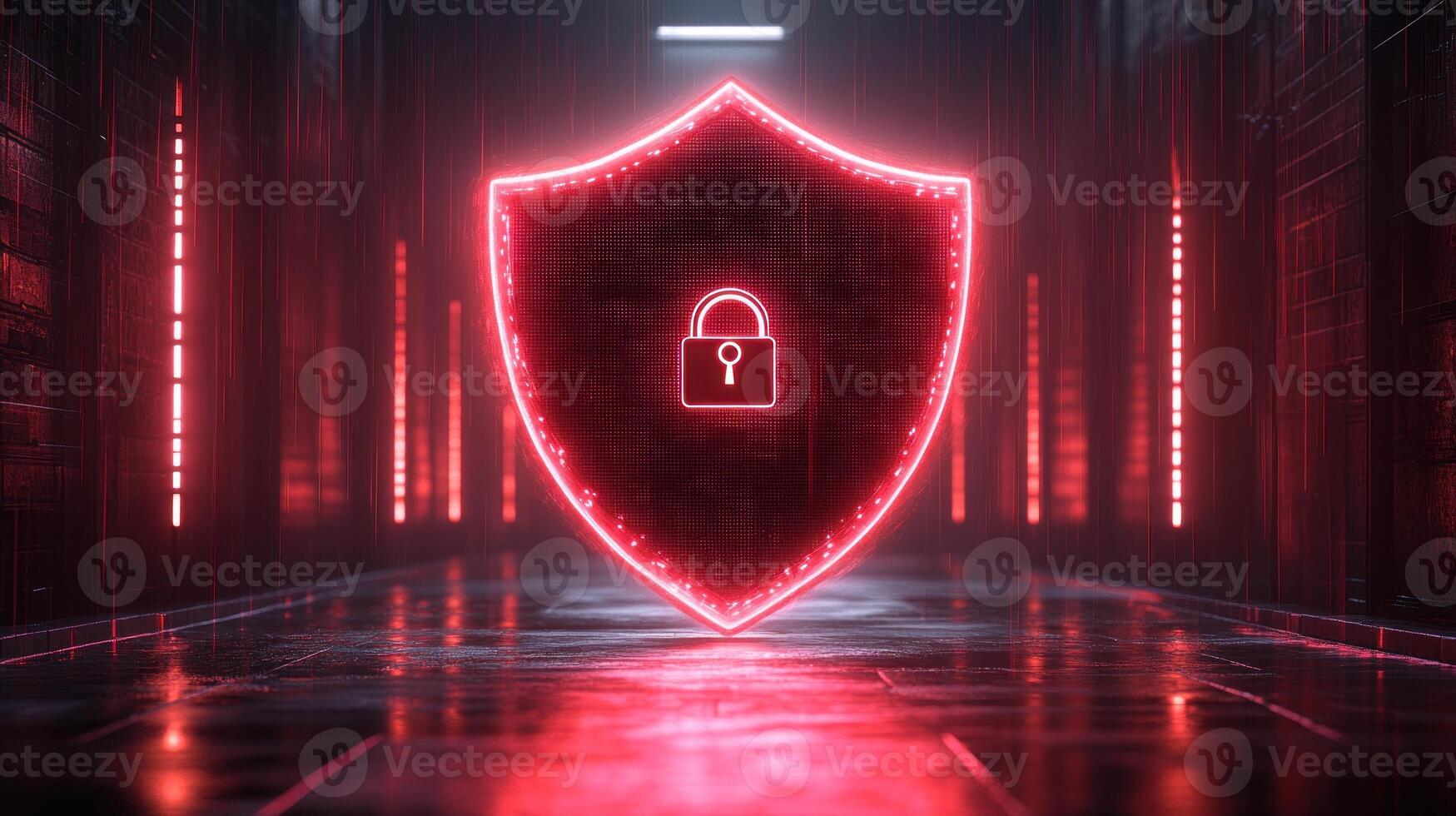 A glowing red shield with a lock symbolizes digital security in a high tech corridor photo