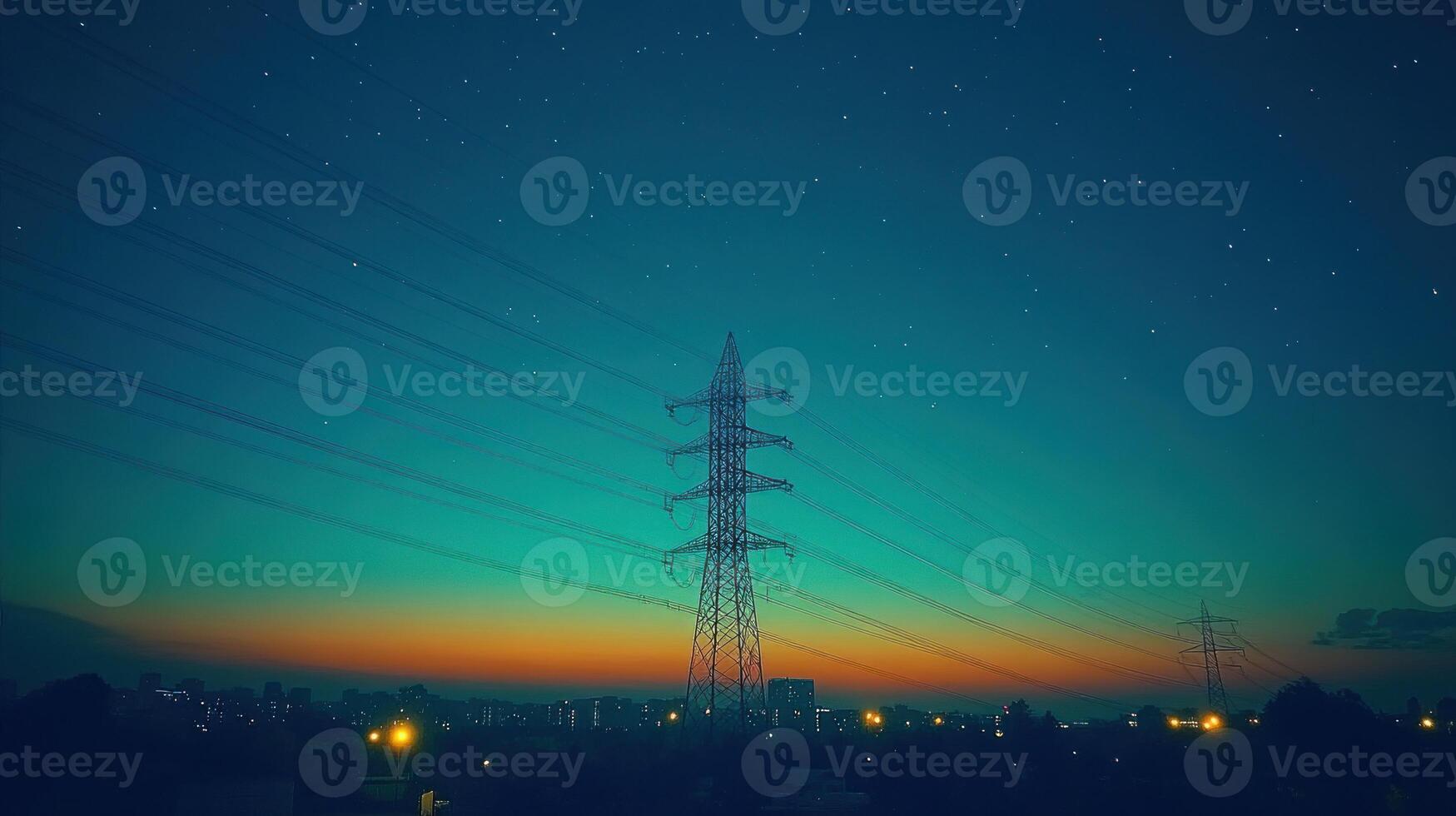 A stunning blend of colors fills the sky while power lines stretch against a twinkling twilight backdrop photo