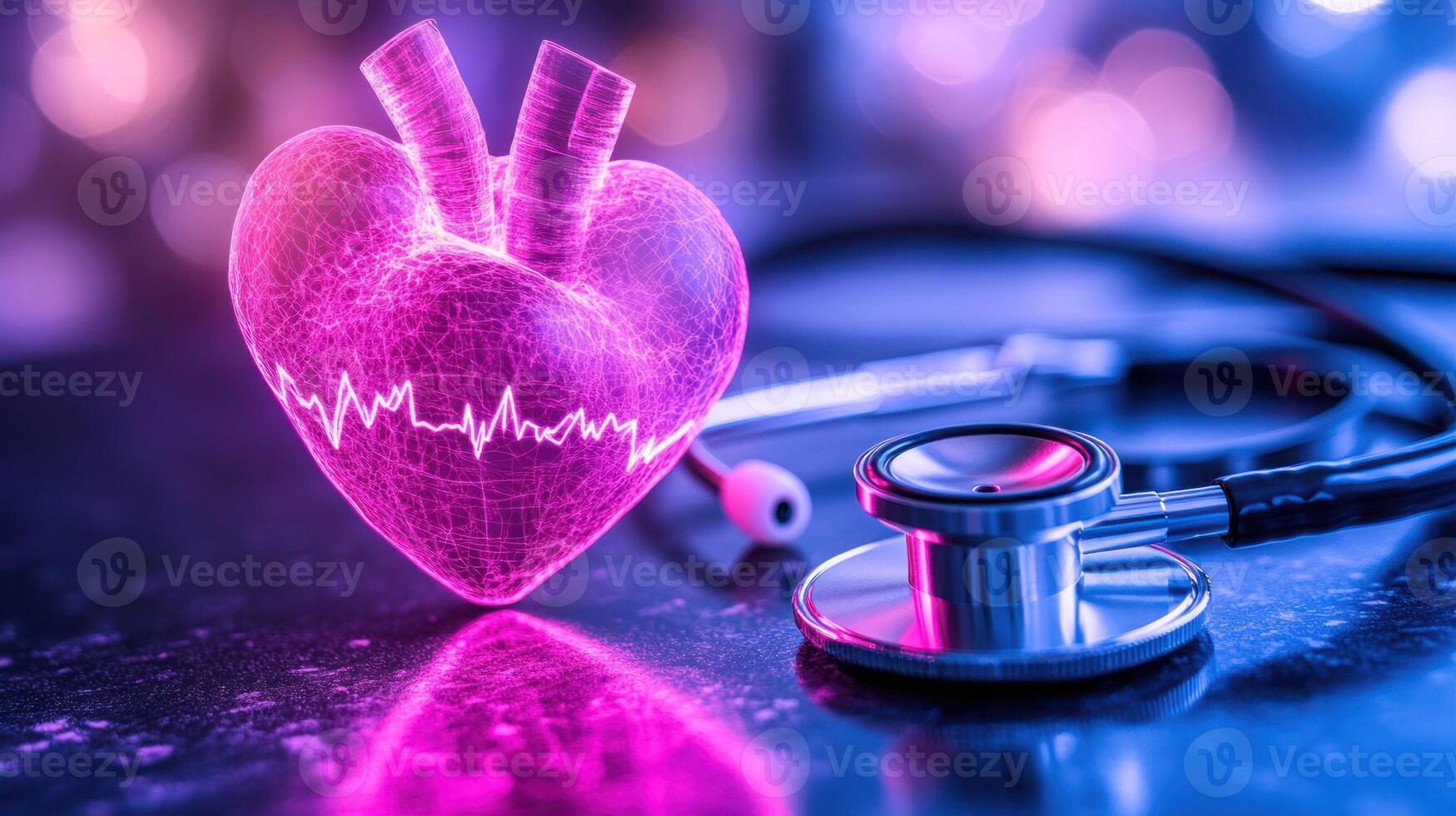 Digital representation of a glowing heart with heartbeat line and stethoscope emphasizing health monitoring photo