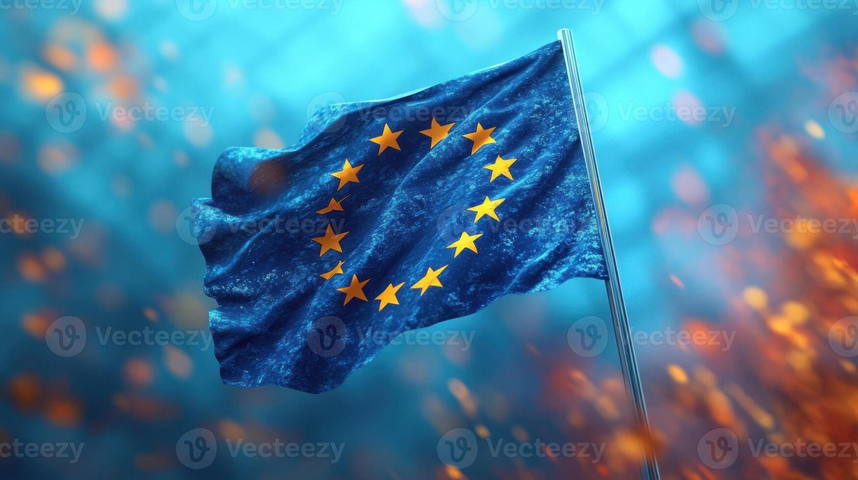 Flag of the European Union flutters against a vibrant backdrop filled with colorful sparks and light photo