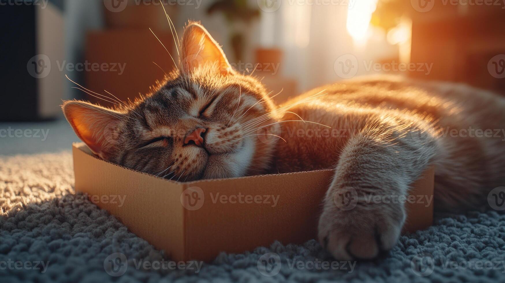 A relaxed cat cuddles inside a small box, basking in the warm glow of a sunset photo