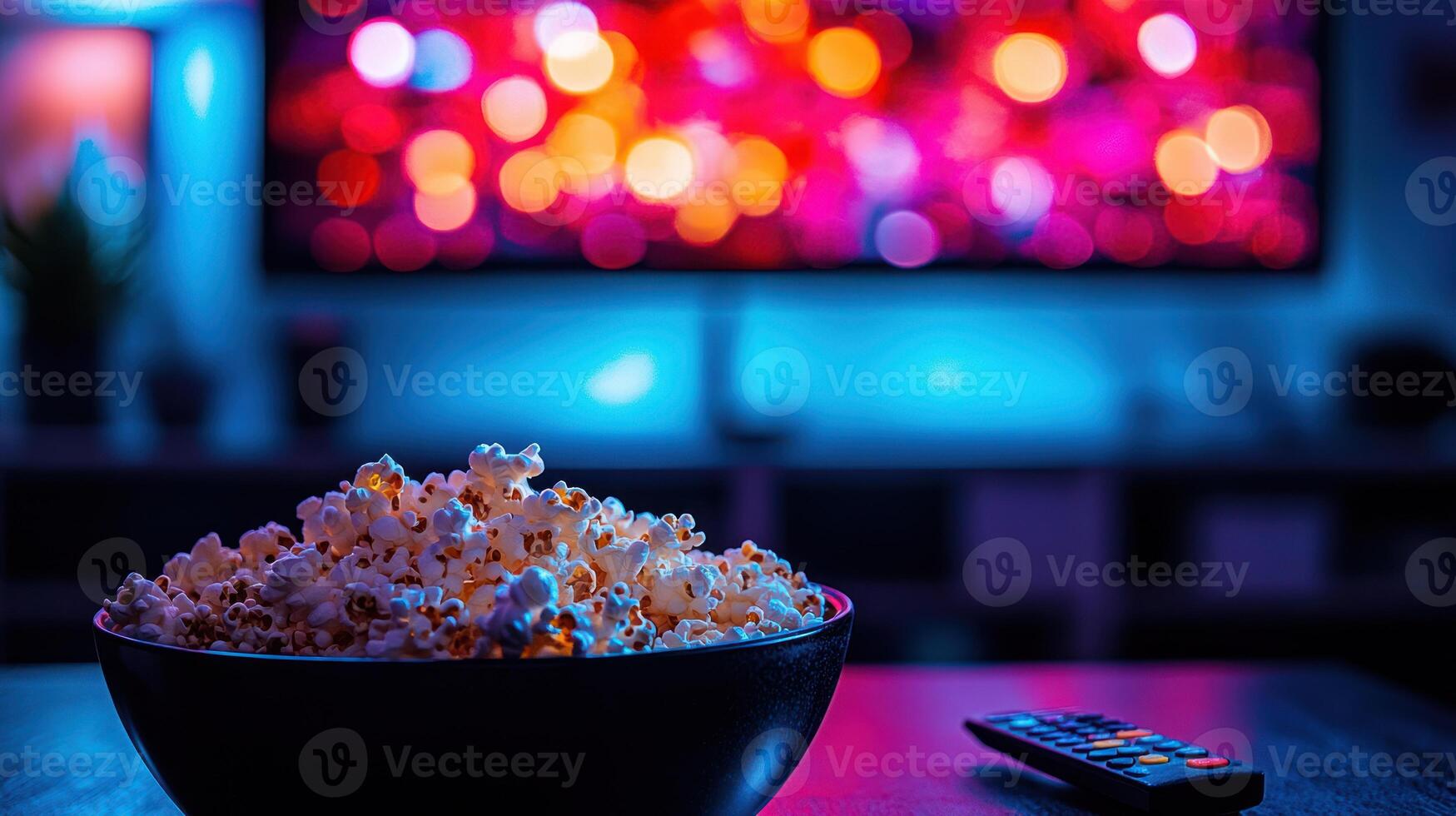Enjoying a relaxing evening with popcorn and colorful lights while watching a favorite film photo
