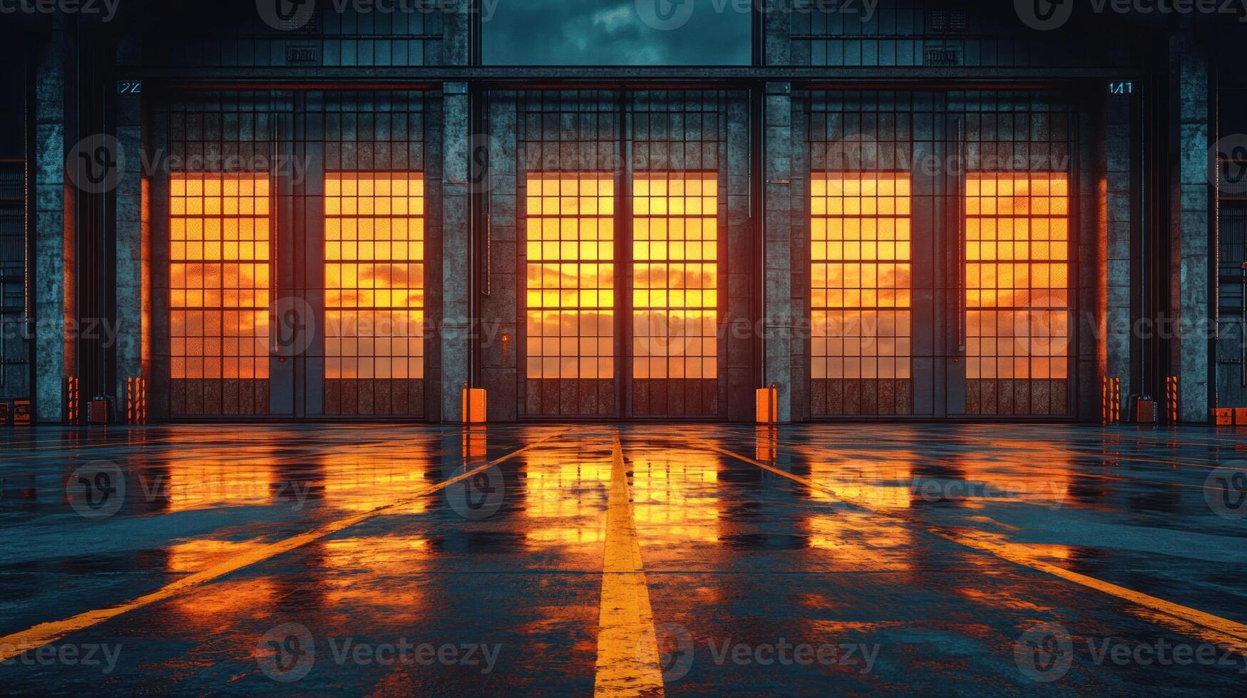 Sunset casts an orange glow through large windows, creating reflections on the wet floor of the building photo