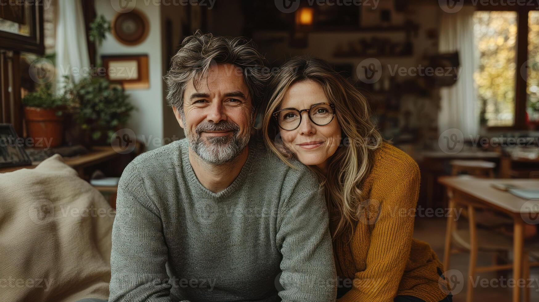 Happy couple sits closely together, enjoying each others company in a cozy, inviting indoor environment photo