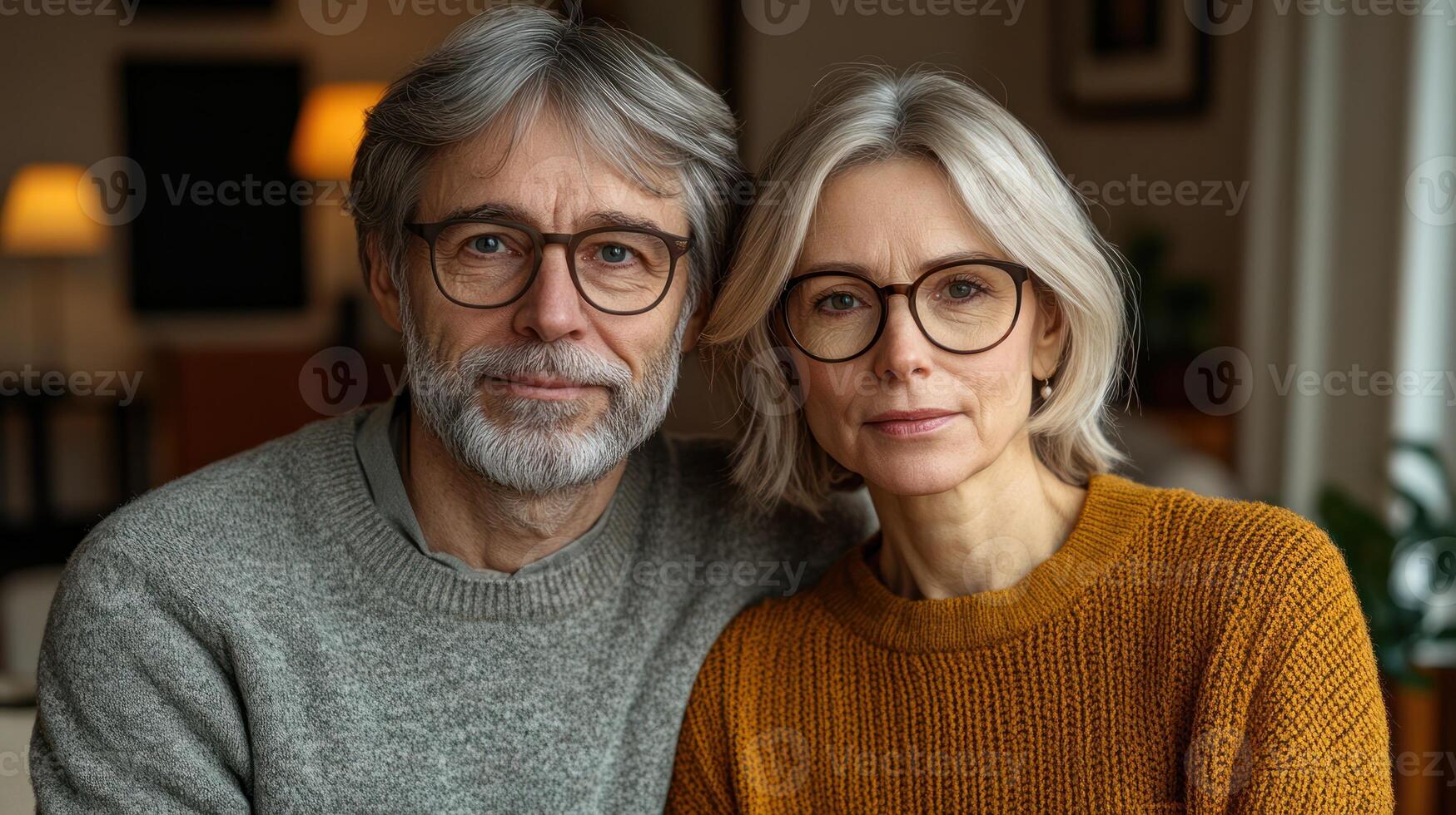 Two people sit close together, smiling warmly, dressed in comfortable sweaters in a cozy indoor setting photo