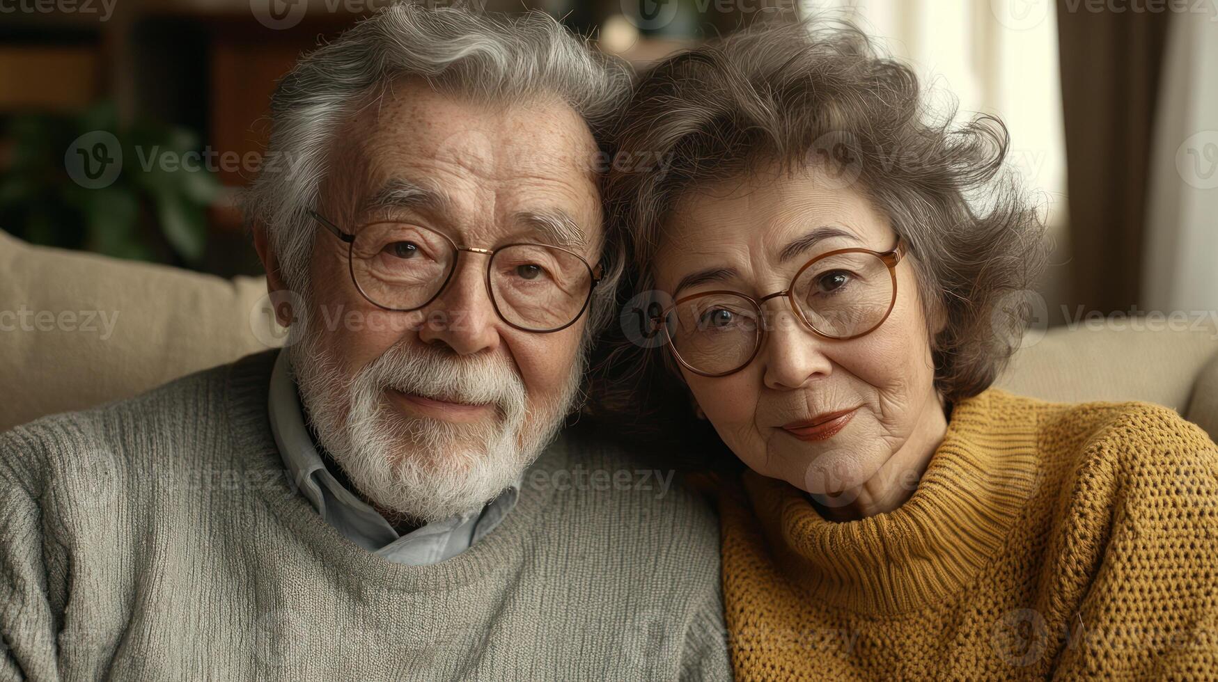 An elderly couple smiles while sitting close together on a couch, sharing a warm moment at home photo