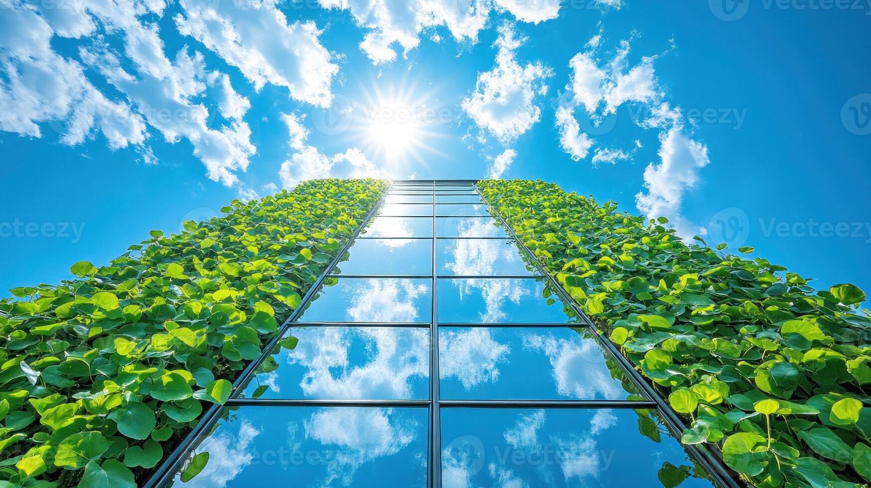 Vertical garden features lush greenery growing on a modern building under a bright sky with clouds photo