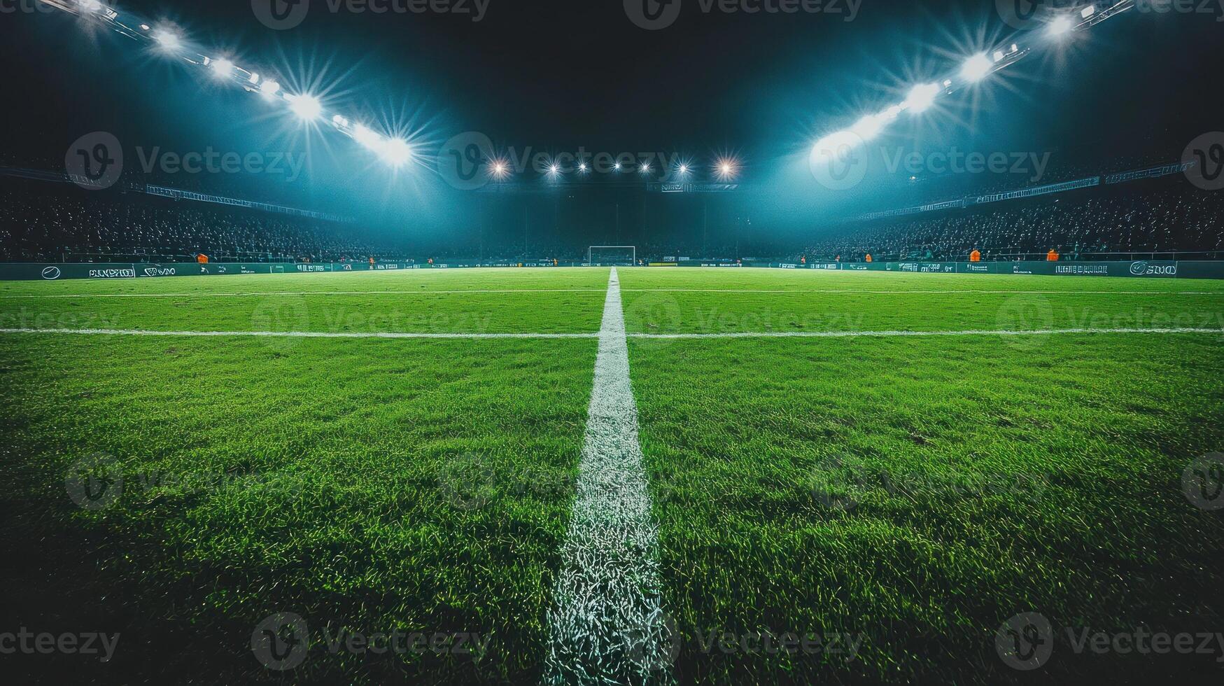 Bright green football pitch shining under stadium lights invites players for an exciting game at night photo