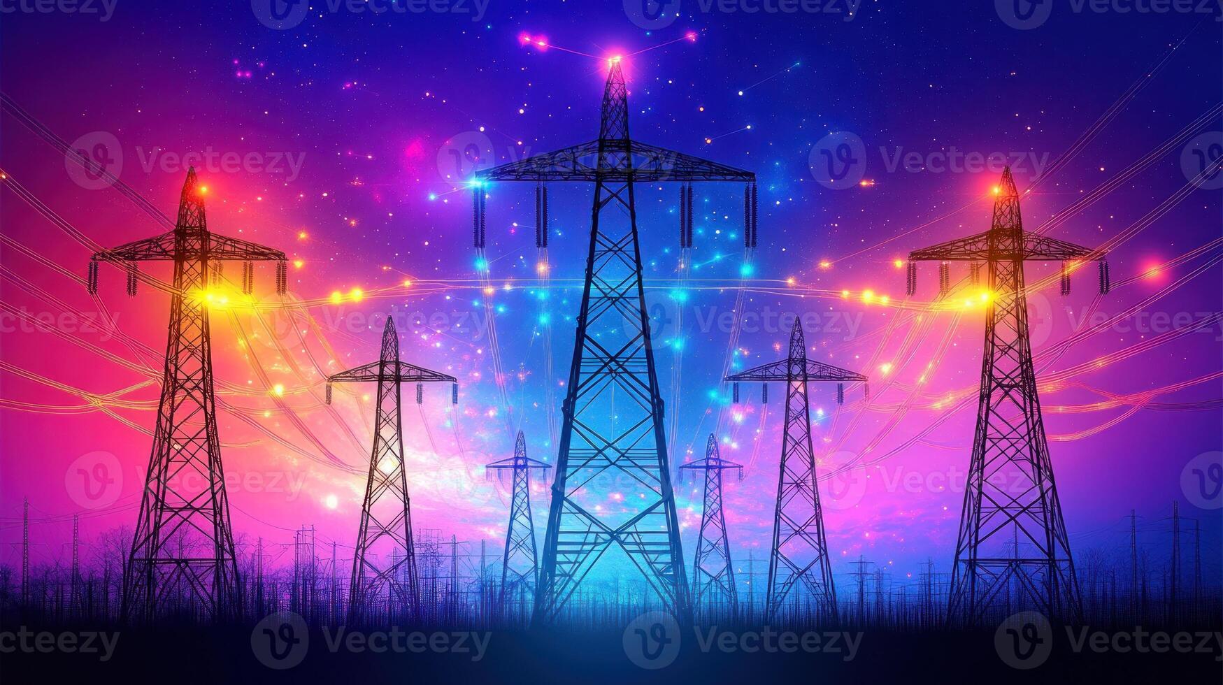 Electricity towers shine against a starry night sky, displaying vibrant light patterns photo