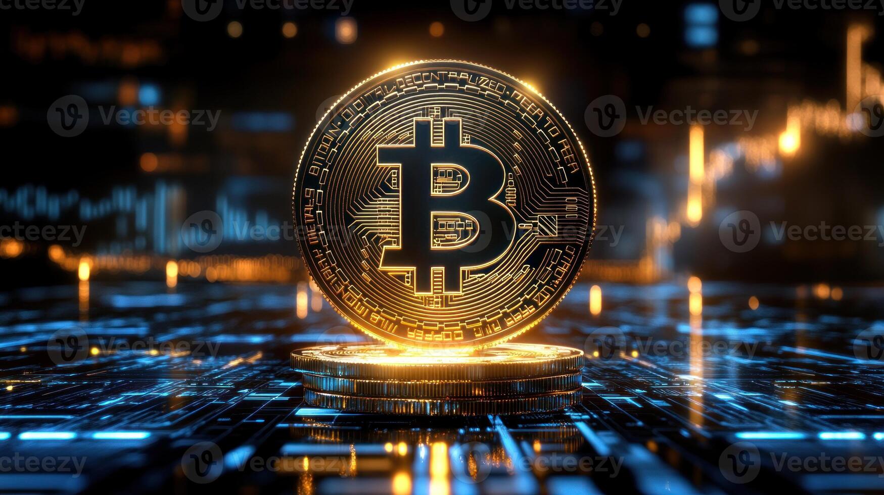 A glowing bitcoin symbol stands prominently with digital patterns and financial graphics in the backdrop photo