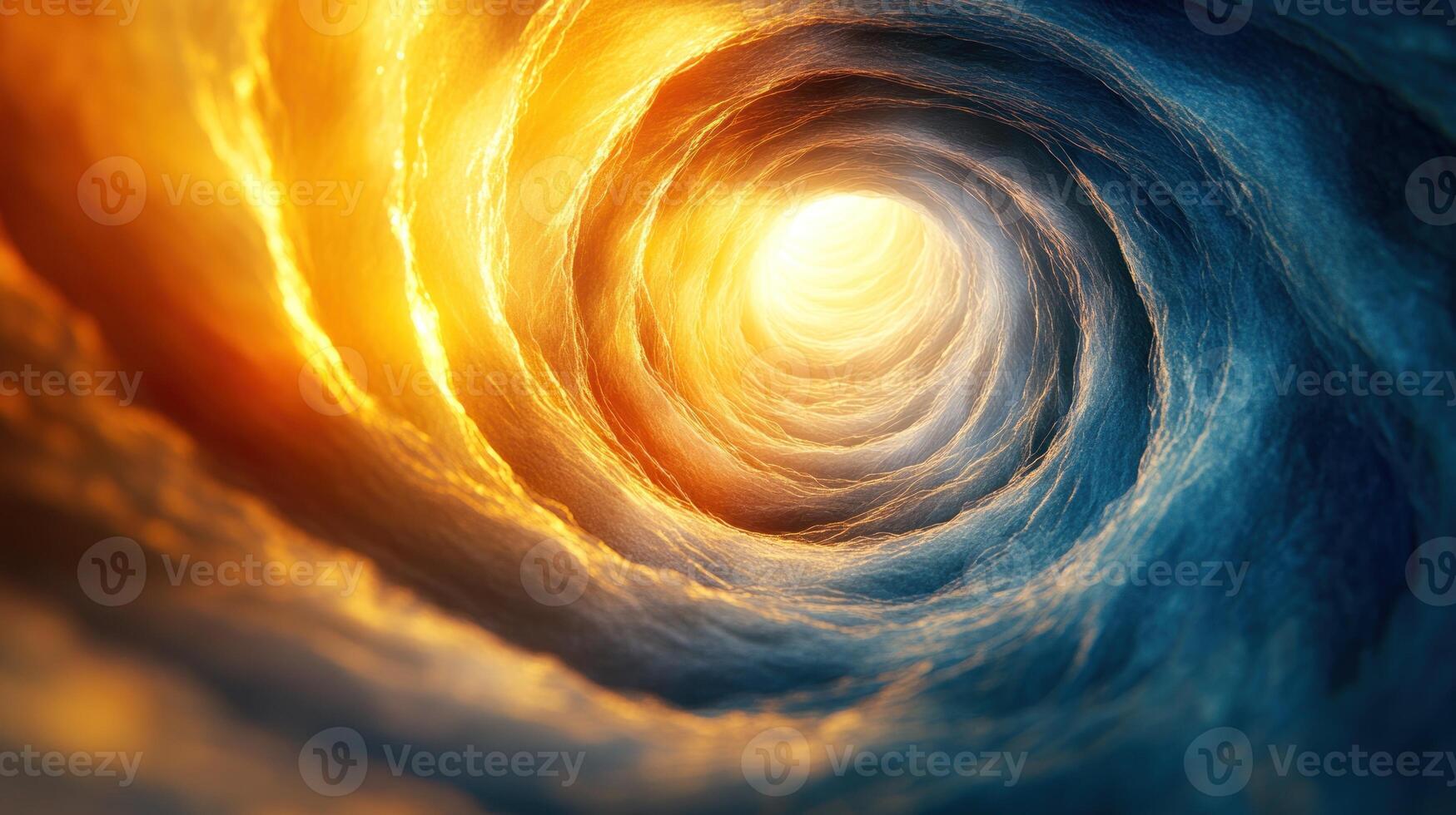 A vibrant swirl of colors with warm orange and cool blue tones converging around a bright light source photo