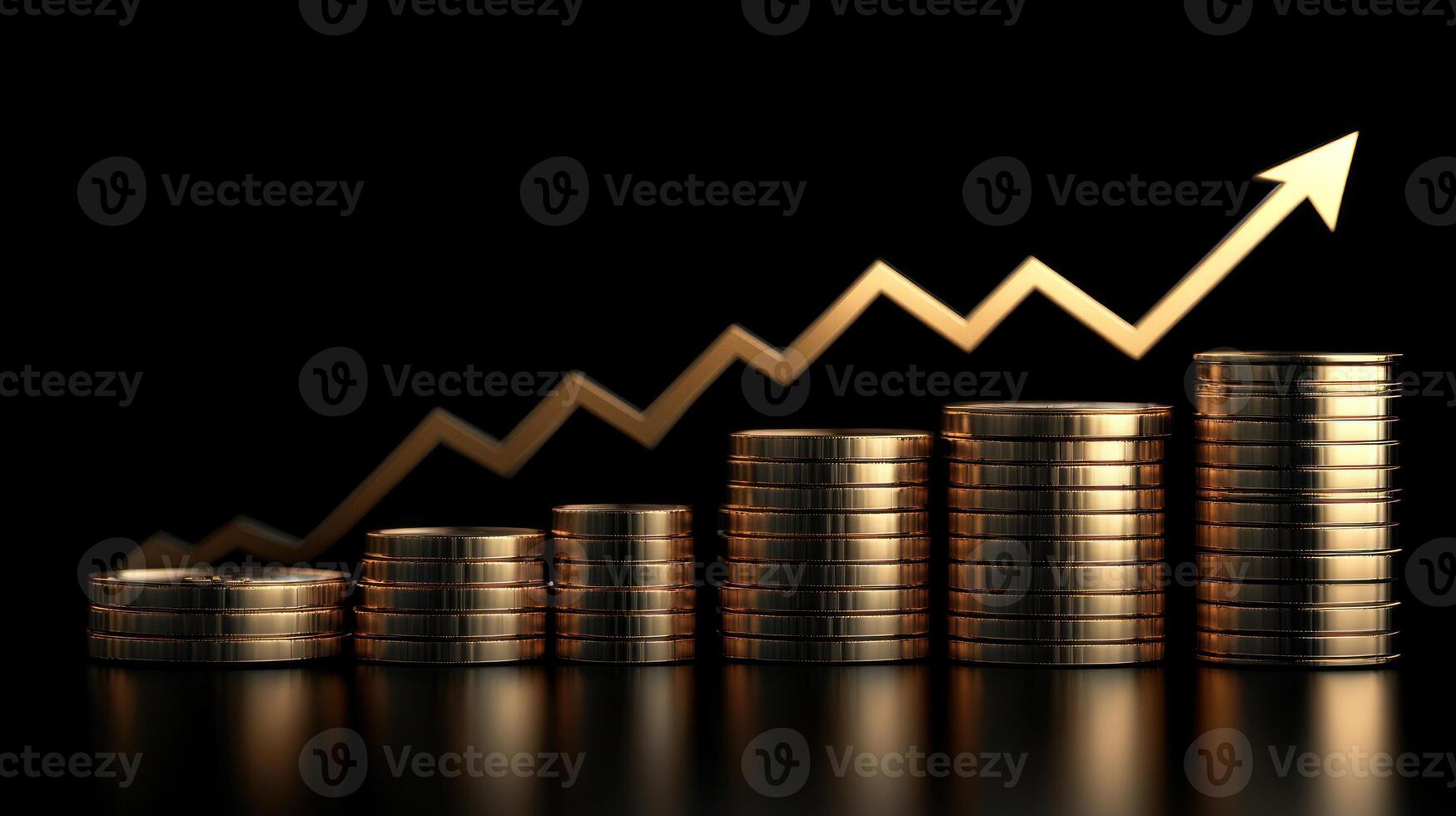 Stacks of gold coins increase in height alongside an upward trend line indicating financial growth photo